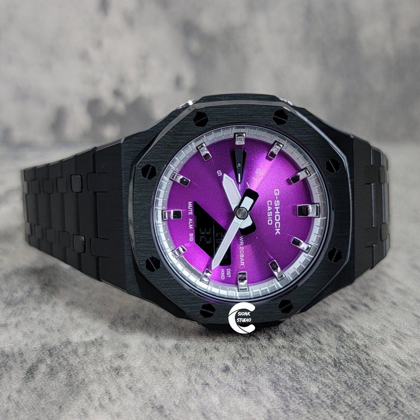 Casioak Mod Watch Black Case Metal Strap Silver Time Mark Purple Dial 44mm- Casioak Mod Casio G-Shock Royal Oak Custom Mens Luxury Watches Ga2100