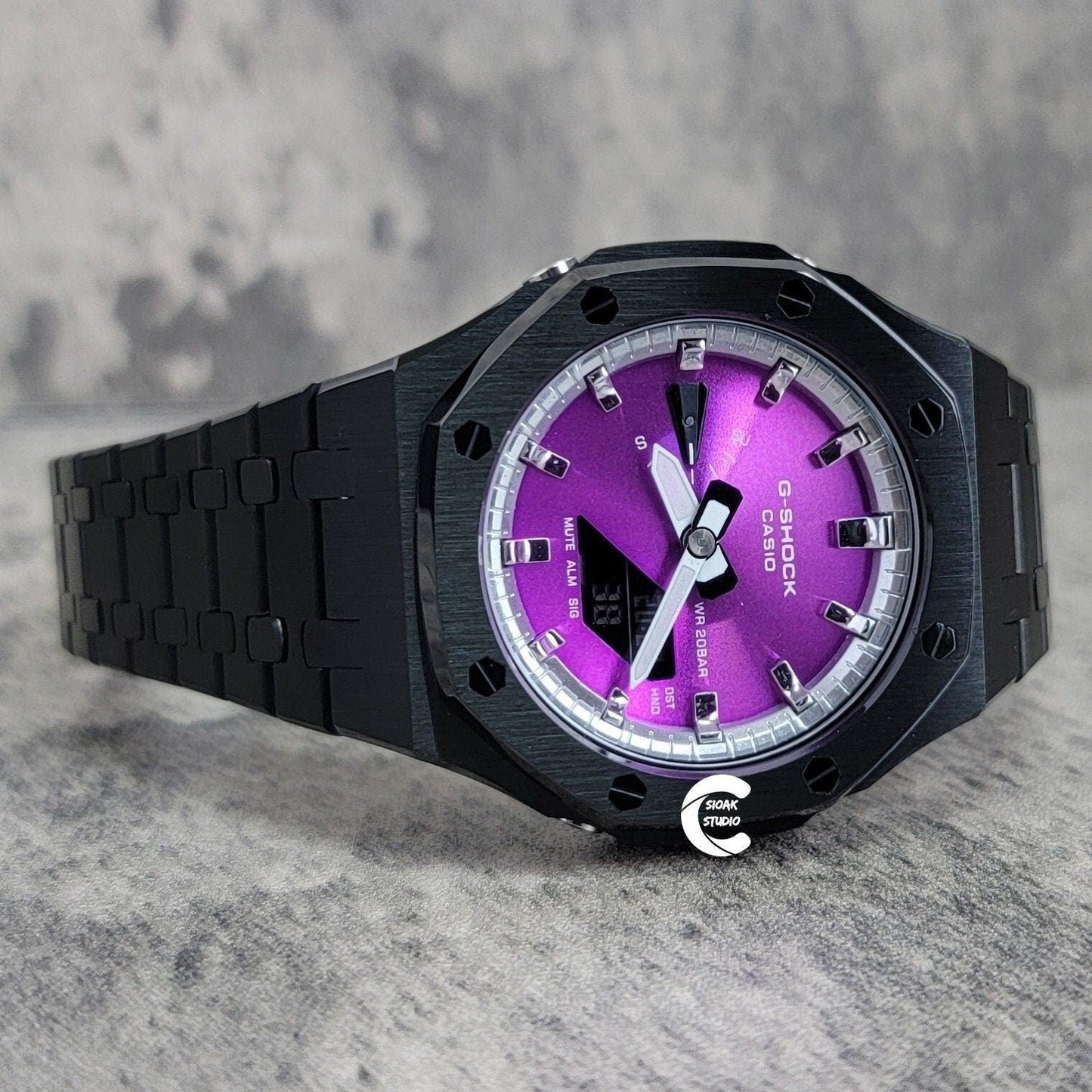 Casioak Mod Watch Black Case Metal Strap Silver Time Mark Purple Dial 44mm- Casioak Mod Casio G-Shock Royal Oak Custom Mens Luxury Watches Ga2100