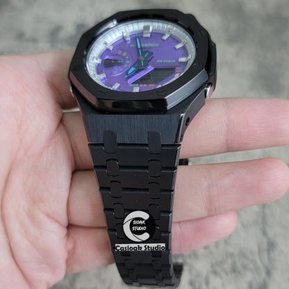 Casioak Mod Watch Black Case Metal Strap Silver Time Mark Purple Dial 44mm- Casioak Mod Casio G-Shock Royal Oak Custom Mens Luxury Watches Ga2100