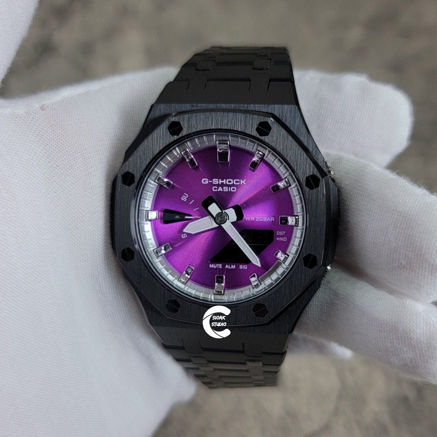 Casioak Mod Watch Black Case Metal Strap Silver Time Mark Purple Dial 44mm- Casioak Mod Casio G-Shock Royal Oak Custom Mens Luxury Watches Ga2100