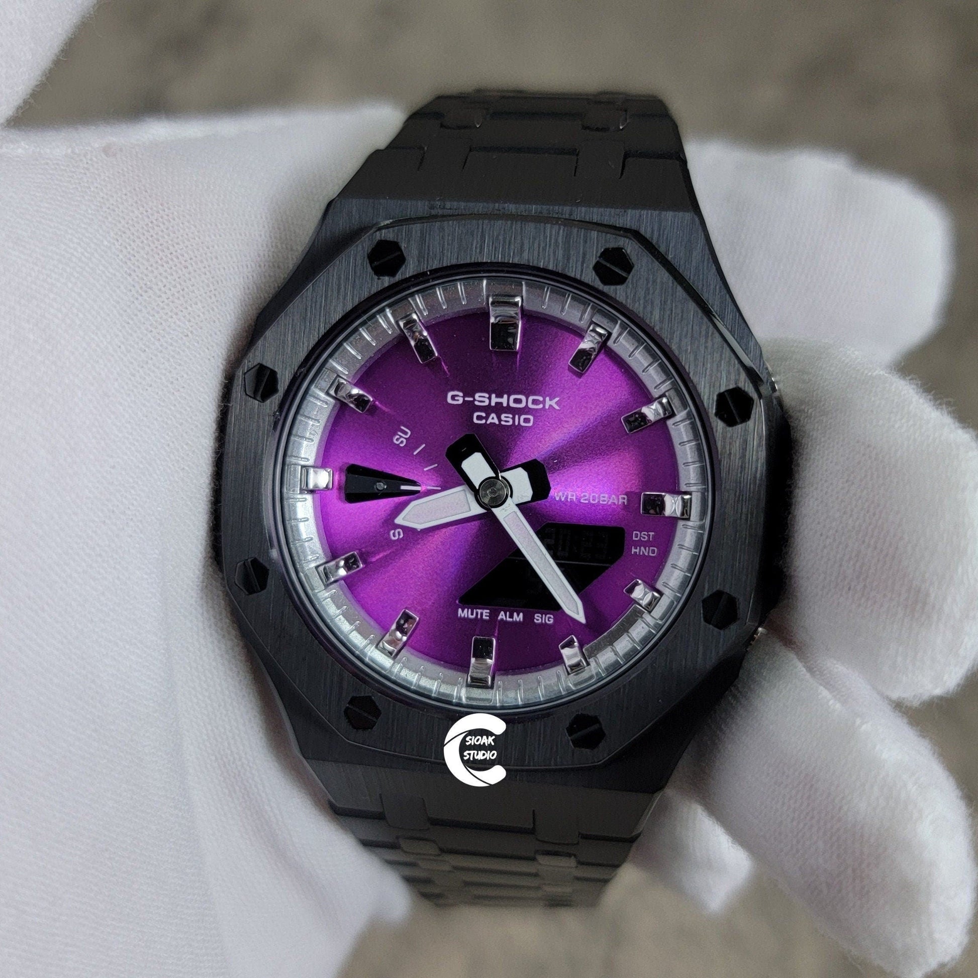 Casioak Mod Watch Black Case Metal Strap Silver Time Mark Purple Dial 44mm- Casioak Mod Casio G-Shock Royal Oak Custom Mens Luxury Watches Ga2100