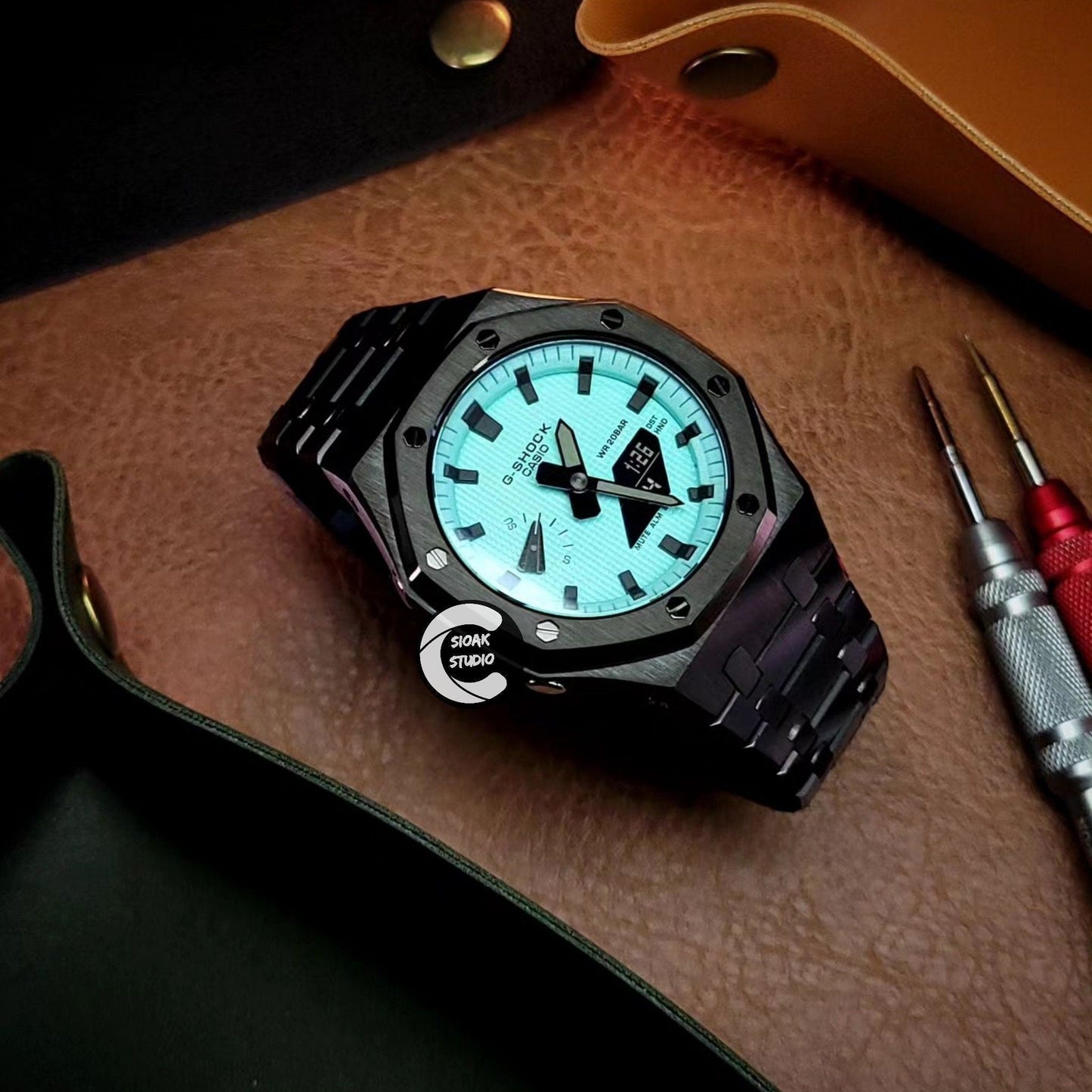 Casioak Mod Watch Black Case Metal Strap Tiff Black Time Mark Tiff Blue Dial 44mm- Casioak Mod Casio G-Shock Royal Oak Custom Mens Luxury Watches Ga2100