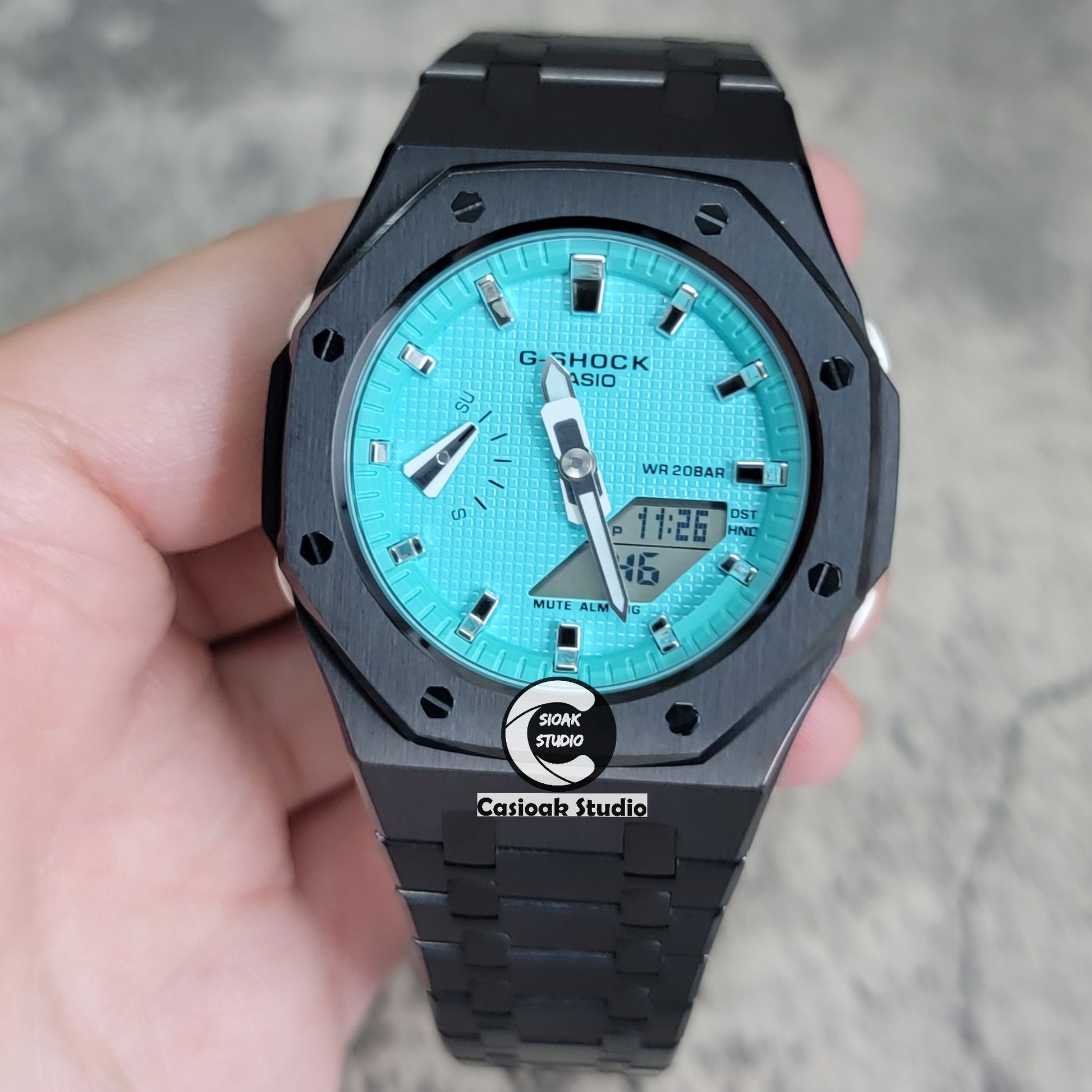 Casioak Mod Watch Black Case Metal Strap Tiff Blue Silver Time Mark Tiff Blue Dial 42mm- Casioak Mod Casio G-Shock Royal Oak Custom Mens Luxury Watches Ga2100