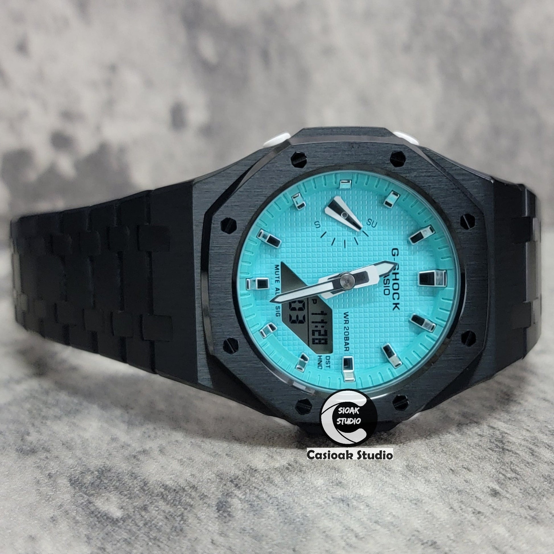 Casioak Mod Watch Black Case Metal Strap Tiff Blue Silver Time Mark Tiff Blue Dial 42mm- Casioak Mod Casio G-Shock Royal Oak Custom Mens Luxury Watches Ga2100