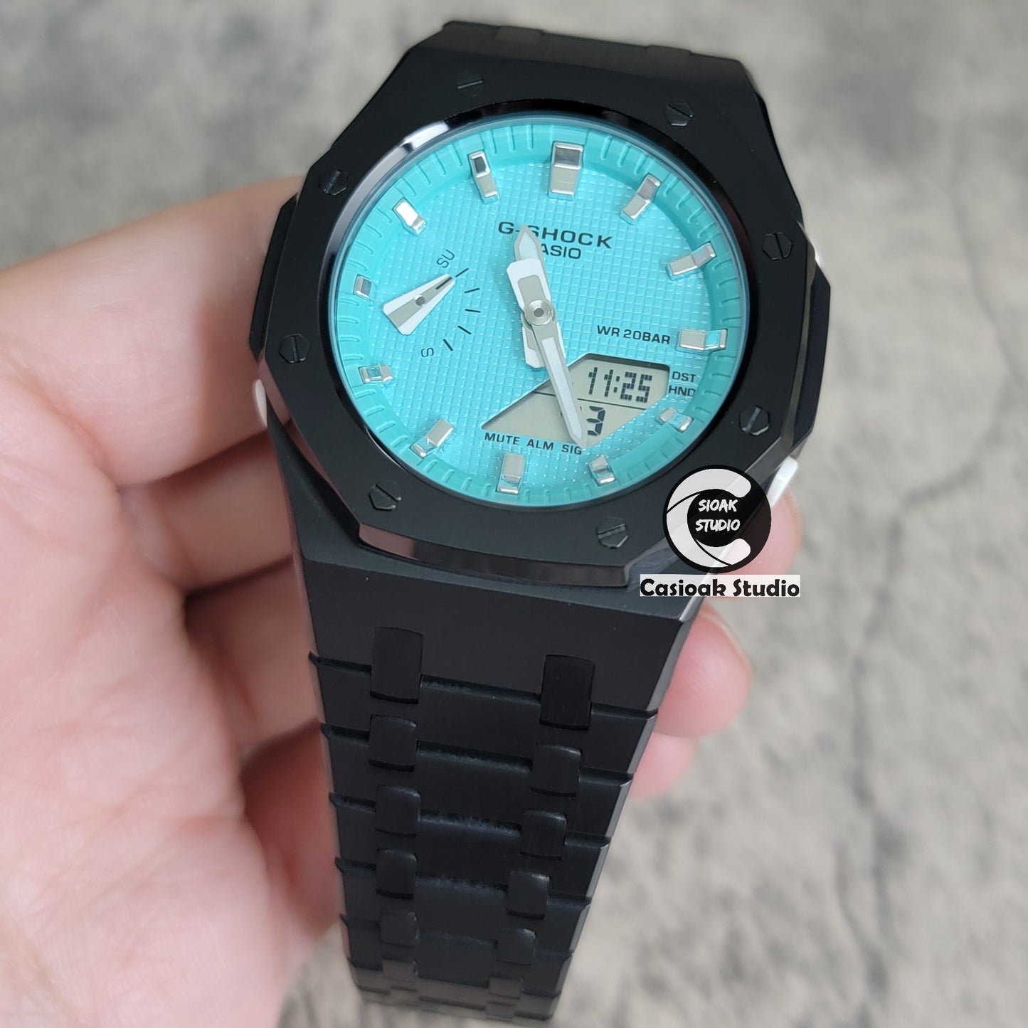 Casioak Mod Watch Black Case Metal Strap Tiff Blue Silver Time Mark Tiff Blue Dial 42mm- Casioak Mod Casio G-Shock Royal Oak Custom Mens Luxury Watches Ga2100