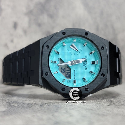 Casioak Mod Watch Black Case Metal Strap Tiff Blue Silver Time Mark Tiff Blue Dial 42mm- Casioak Mod Casio G-Shock Royal Oak Custom Mens Luxury Watches Ga2100