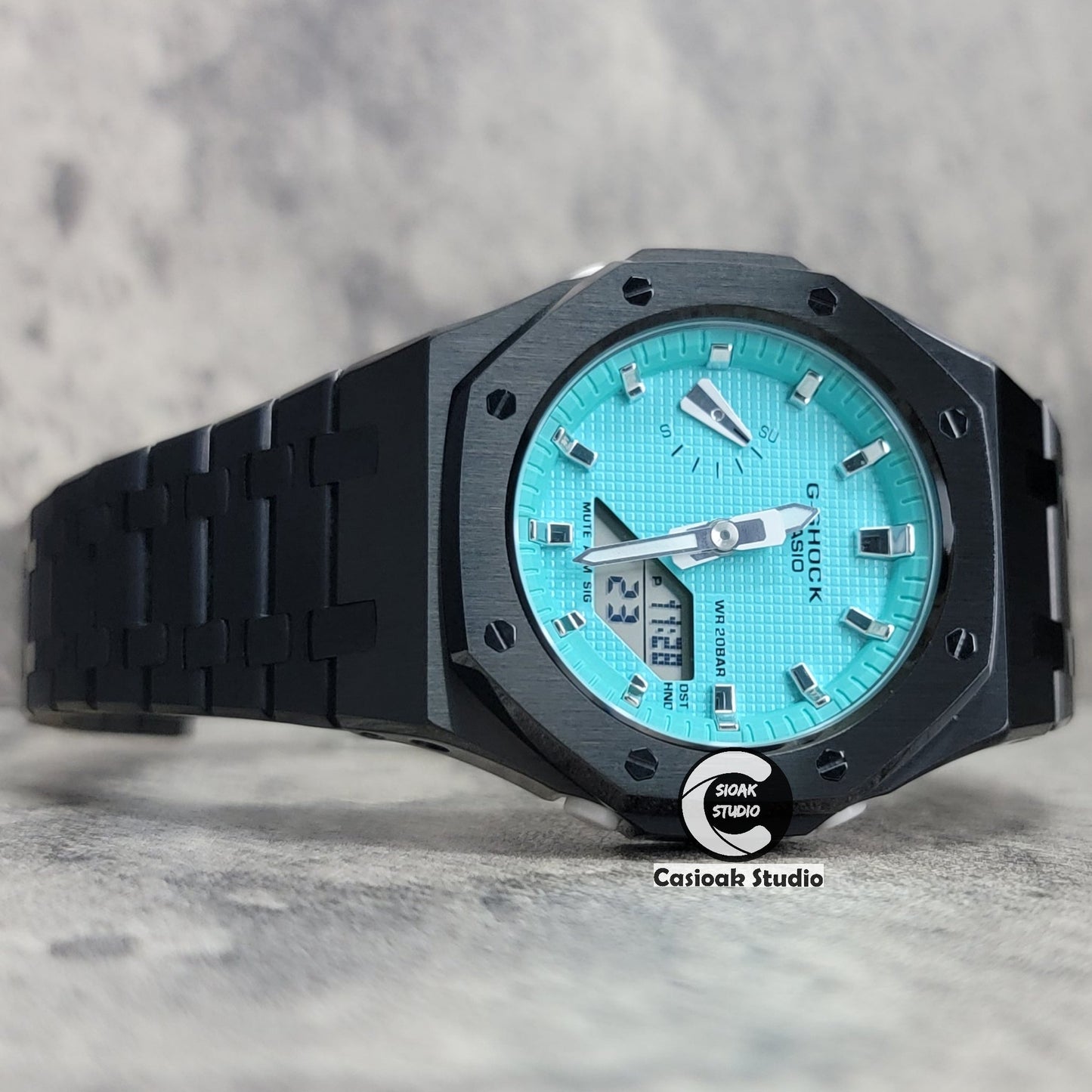 Casioak Mod Watch Black Case Metal Strap Tiff Blue Silver Time Mark Tiff Blue Dial 42mm- Casioak Mod Casio G-Shock Royal Oak Custom Mens Luxury Watches Ga2100