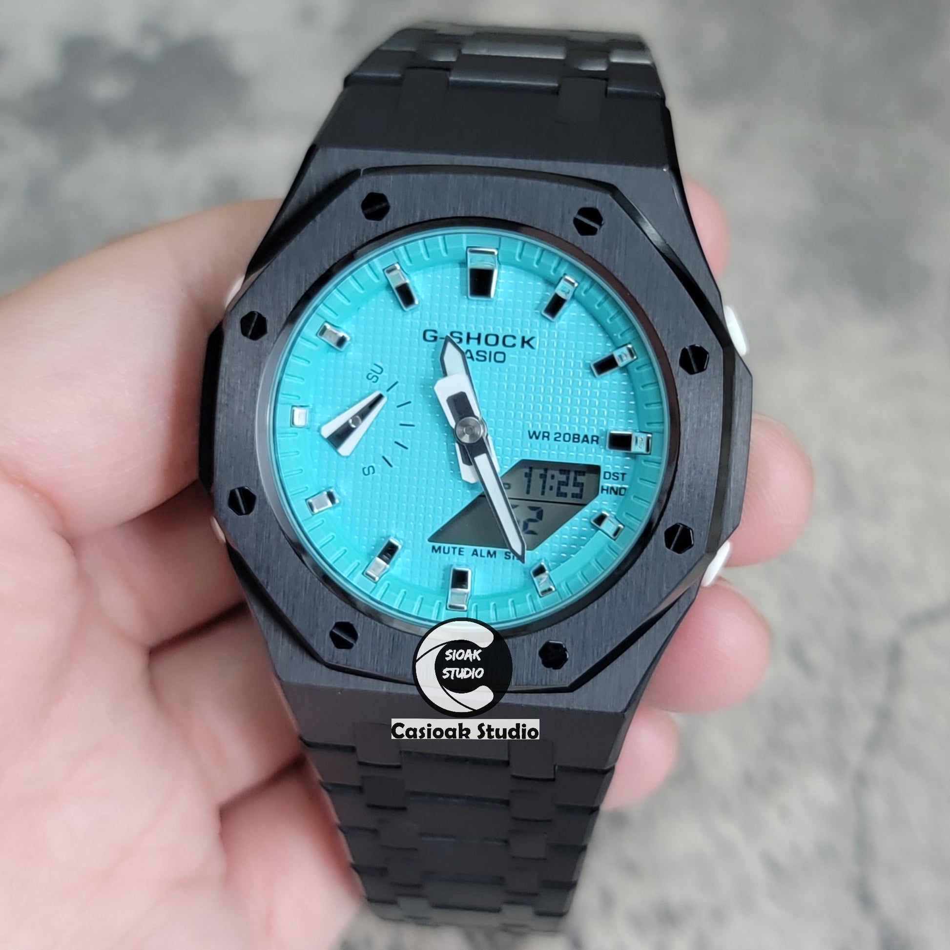 Casioak Mod Watch Black Case Metal Strap Tiff Blue Silver Time Mark Tiff Blue Dial 42mm- Casioak Mod Casio G-Shock Royal Oak Custom Mens Luxury Watches Ga2100