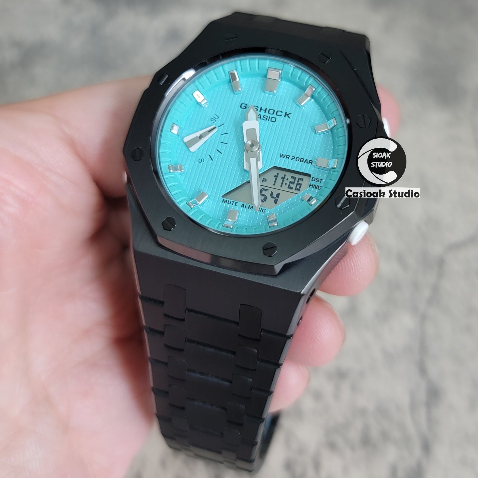 Casioak Mod Watch Black Case Metal Strap Tiff Blue Silver Time Mark Tiff Blue Dial 42mm- Casioak Mod Casio G-Shock Royal Oak Custom Mens Luxury Watches Ga2100