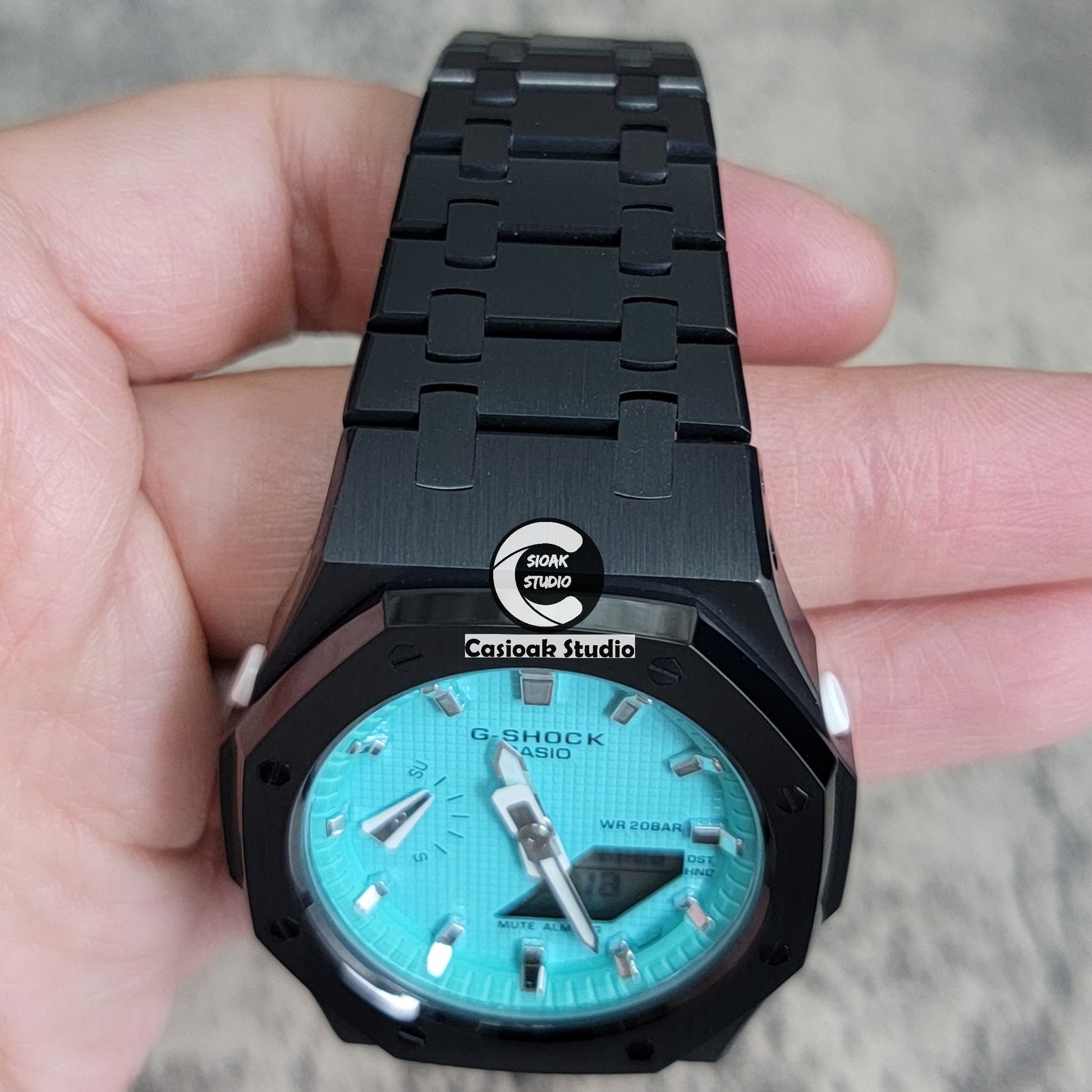 Casioak Mod Watch Black Case Metal Strap Tiff Blue Silver Time Mark Tiff Blue Dial 42mm- Casioak Mod Casio G-Shock Royal Oak Custom Mens Luxury Watches Ga2100