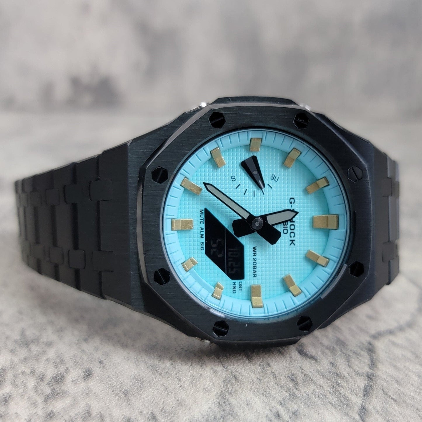 Casioak Mod Watch Black Case Metal Strap Tiff Gold Time Mark Tiff Blue Dial 44mm- Casioak Mod Casio G-Shock Royal Oak Custom Mens Luxury Watches Ga2100