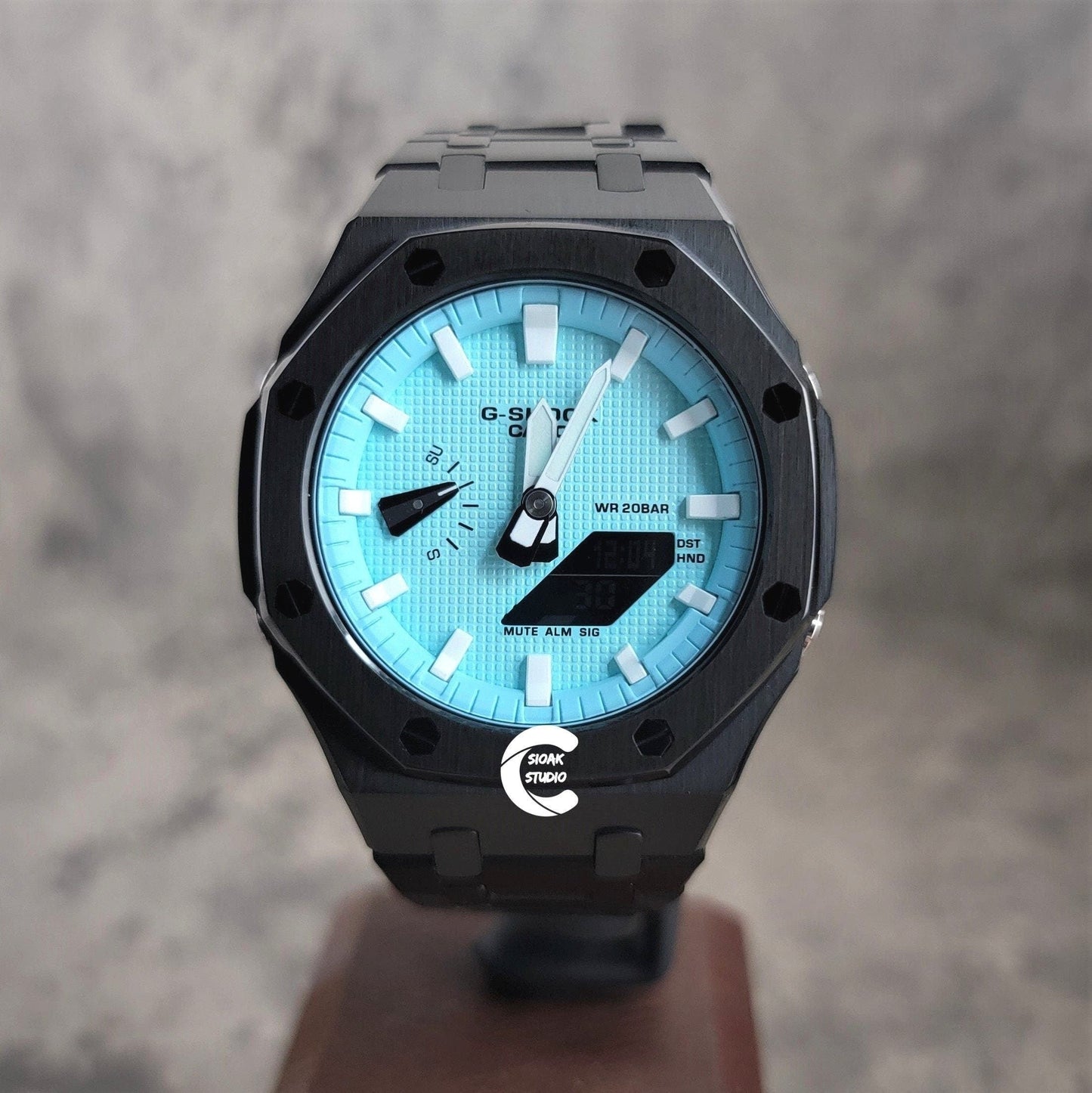 Casioak Mod Watch Black Case Metal Strap Tiff White Time Mark Tiff Blue Dial 44mm- Casioak Mod Casio G-Shock Royal Oak Custom Mens Luxury Watches Ga2100