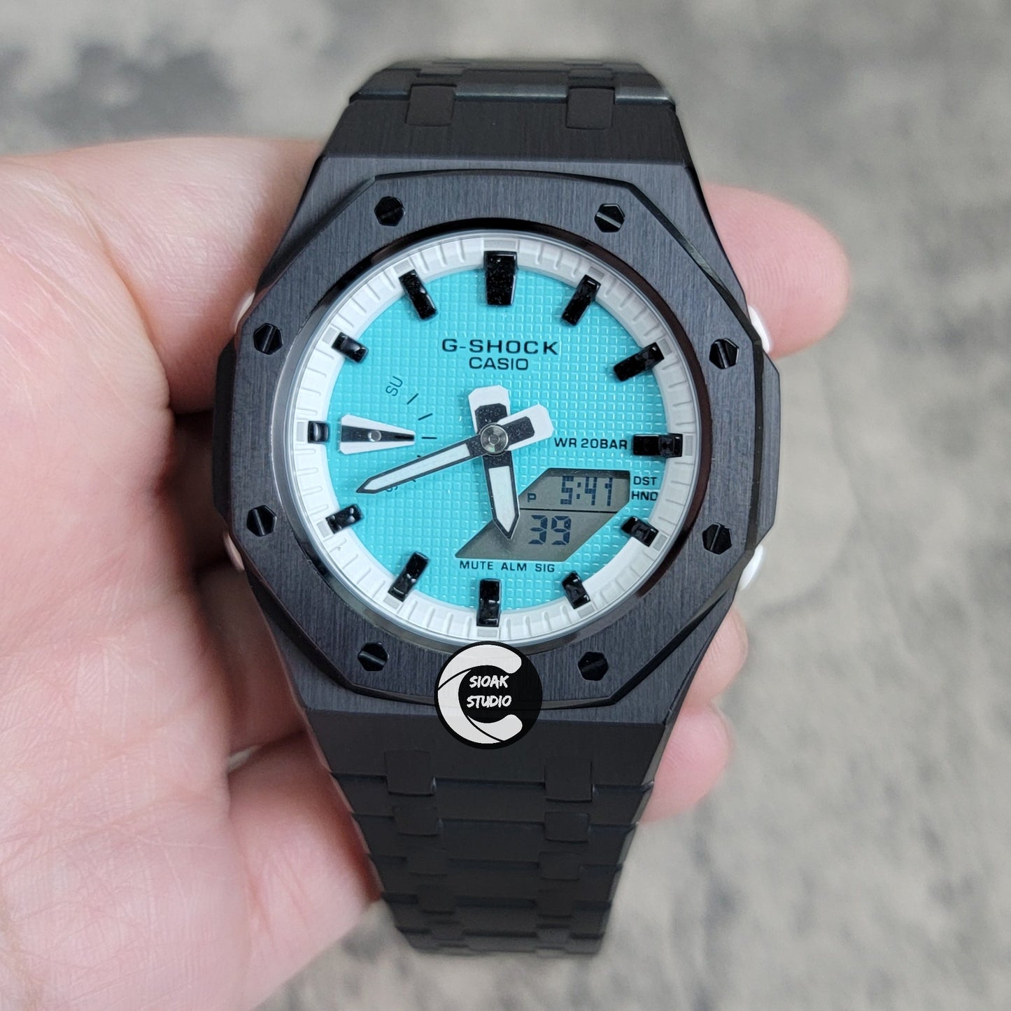 Casioak Mod Watch Black Case Metal Strap White Black Time Mark Tiff Blue Dial 42mm- Casioak Mod Casio G-Shock Royal Oak Custom Mens Luxury Watches Ga2100