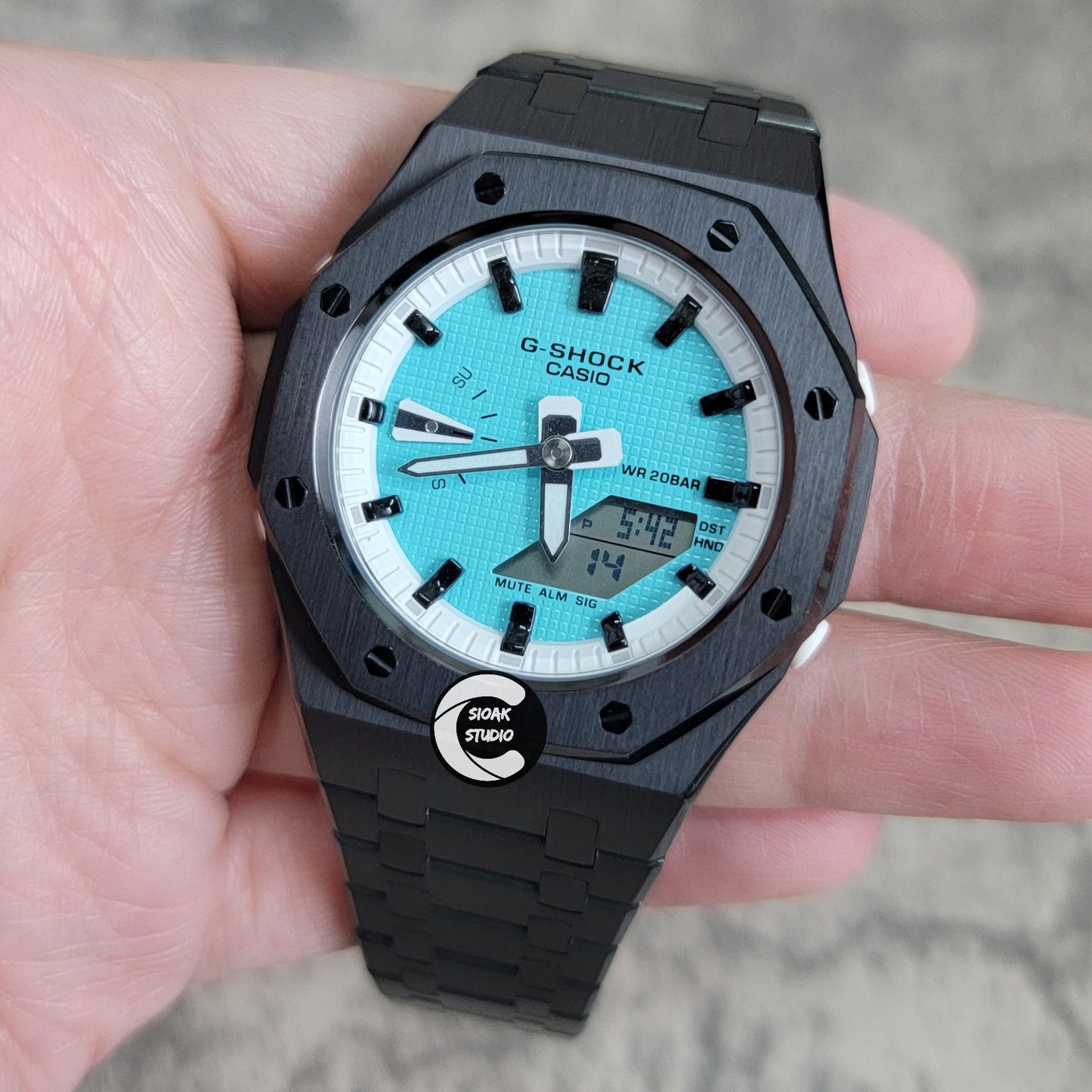 Casioak Mod Watch Black Case Metal Strap White Black Time Mark Tiff Blue Dial 42mm- Casioak Mod Casio G-Shock Royal Oak Custom Mens Luxury Watches Ga2100