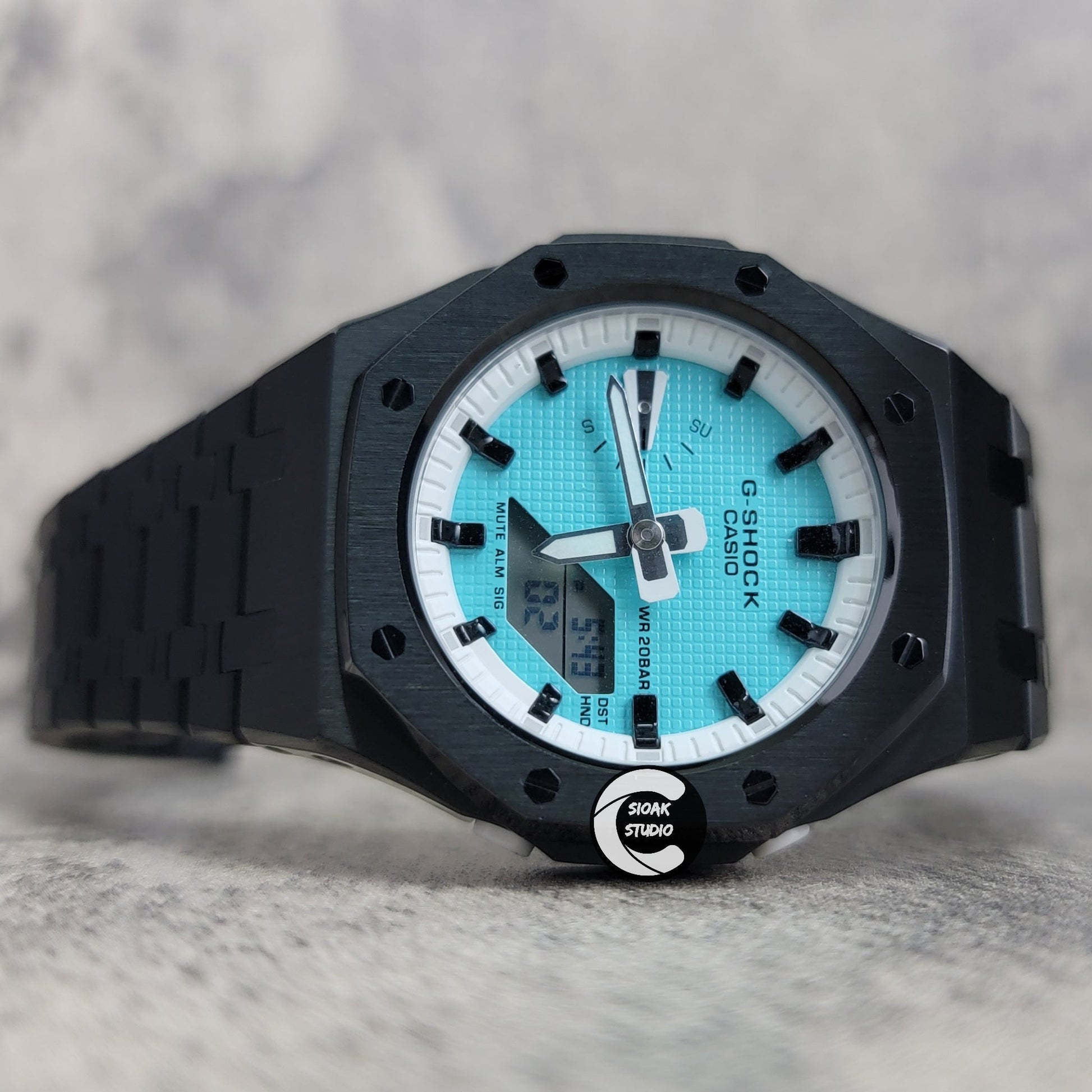 Casioak Mod Watch Black Case Metal Strap White Black Time Mark Tiff Blue Dial 42mm- Casioak Mod Casio G-Shock Royal Oak Custom Mens Luxury Watches Ga2100