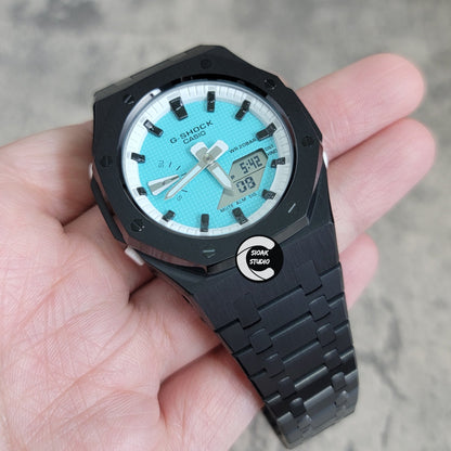 Casioak Mod Watch Black Case Metal Strap White Black Time Mark Tiff Blue Dial 42mm- Casioak Mod Casio G-Shock Royal Oak Custom Mens Luxury Watches Ga2100