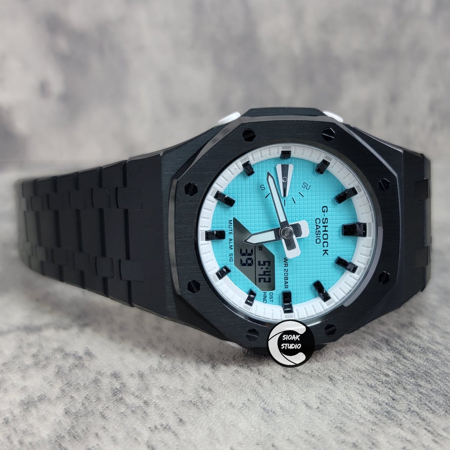 Casioak Mod Watch Black Case Metal Strap White Black Time Mark Tiff Blue Dial 42mm- Casioak Mod Casio G-Shock Royal Oak Custom Mens Luxury Watches Ga2100