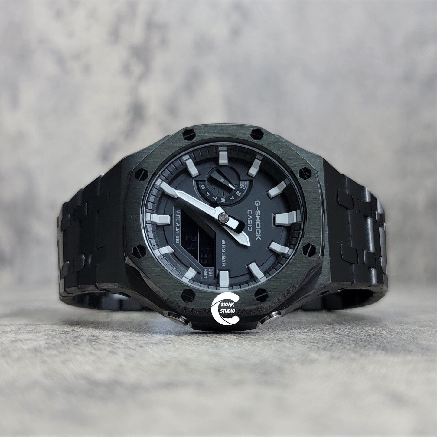 Casioak Mod Watch Black Case Mteal Rubber Strap Black Light Gray Time Mark Black Dial 44mm- Casioak Mod Casio G-Shock Royal Oak Custom Mens Luxury Watches Ga2100