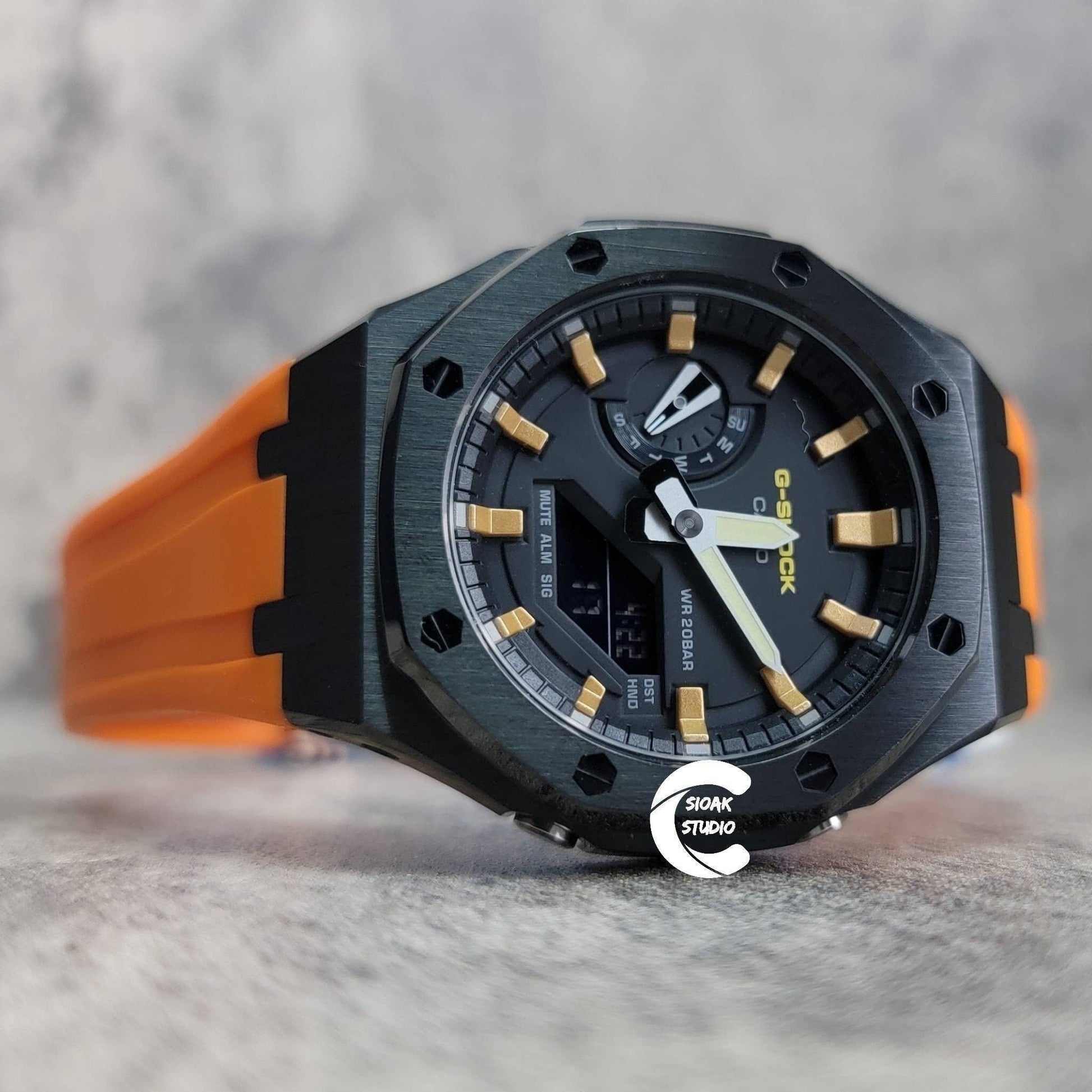 Casioak Mod Watch Black Case Orange Rubber Strap Black Gold Time Mark Black Dial 44mm- Casioak Mod Casio G-Shock Royal Oak Custom Mens Luxury Watches Ga2100