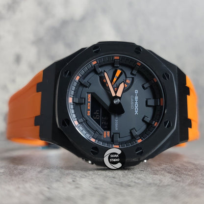 Casioak Mod Watch Black Case Orange Rubber Strap Black Orange Time Mark Black Dial 44mm- Casioak Mod Casio G-Shock Royal Oak Custom Mens Luxury Watches Ga2100