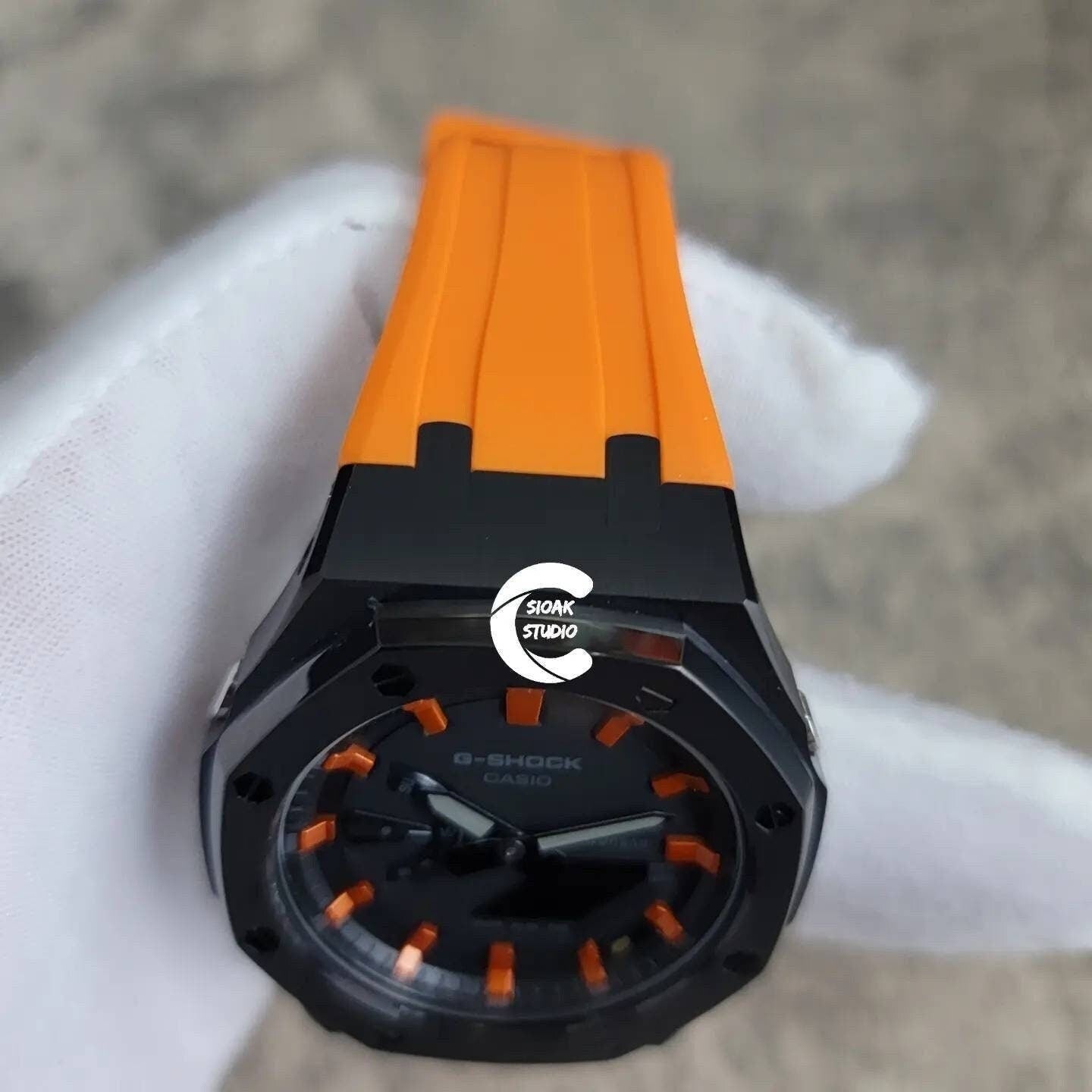 Casioak Mod Watch Black Case Orange Rubber Strap Black Orange Time Mark Black Dial 44mm- Casioak Mod Casio G-Shock Royal Oak Custom Mens Luxury Watches Ga2100