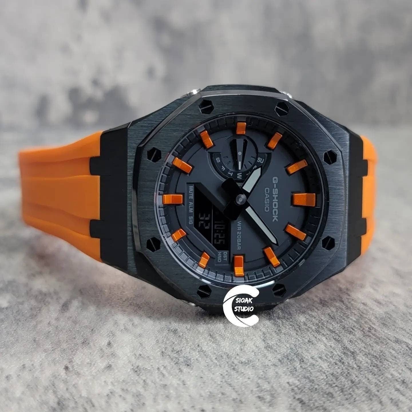 Casioak Mod Watch Black Case Orange Rubber Strap Black Orange Time Mark Black Dial 44mm- Casioak Mod Casio G-Shock Royal Oak Custom Mens Luxury Watches Ga2100