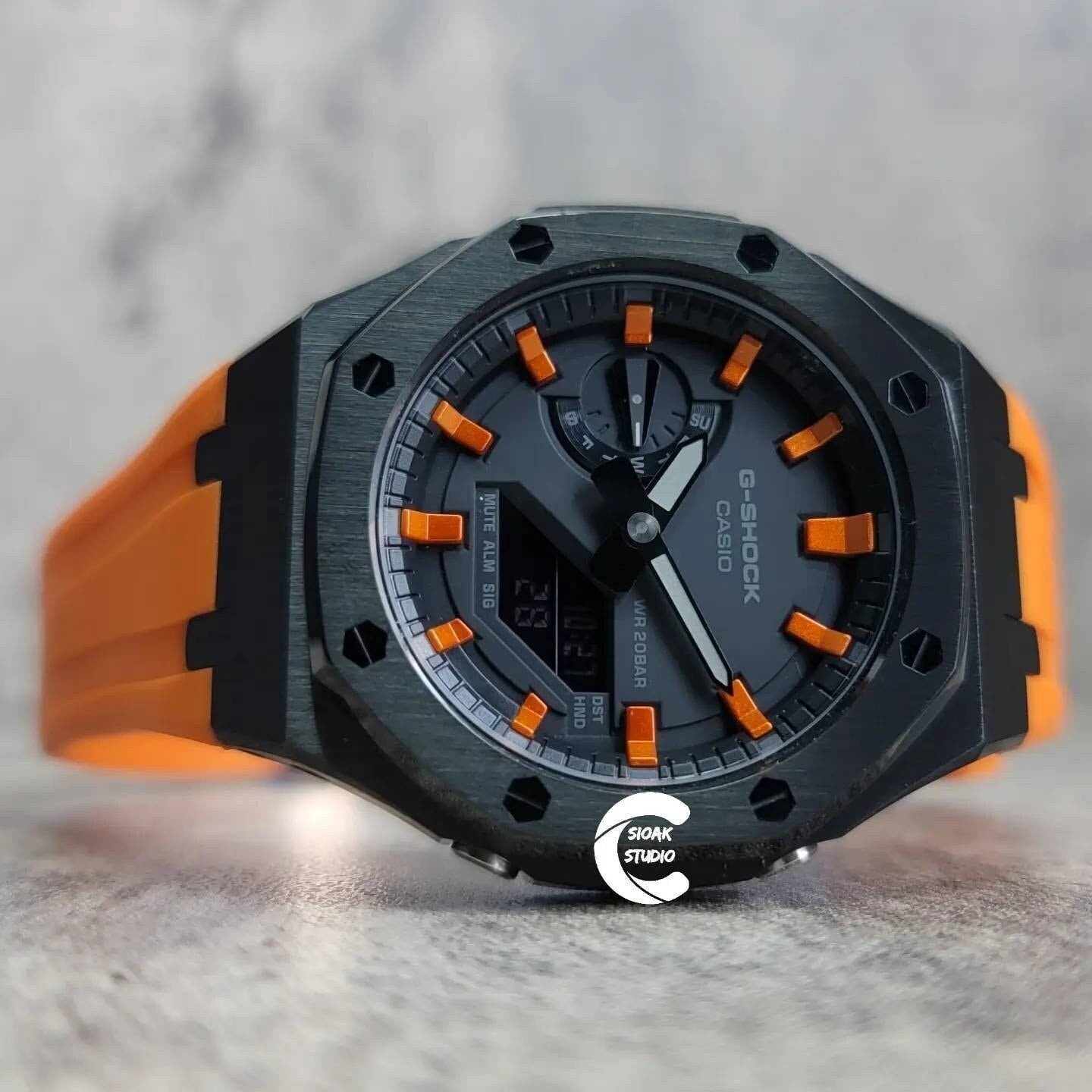 Casioak Mod Watch Black Case Orange Rubber Strap Black Orange Time Mark Black Dial 44mm- Casioak Mod Casio G-Shock Royal Oak Custom Mens Luxury Watches Ga2100