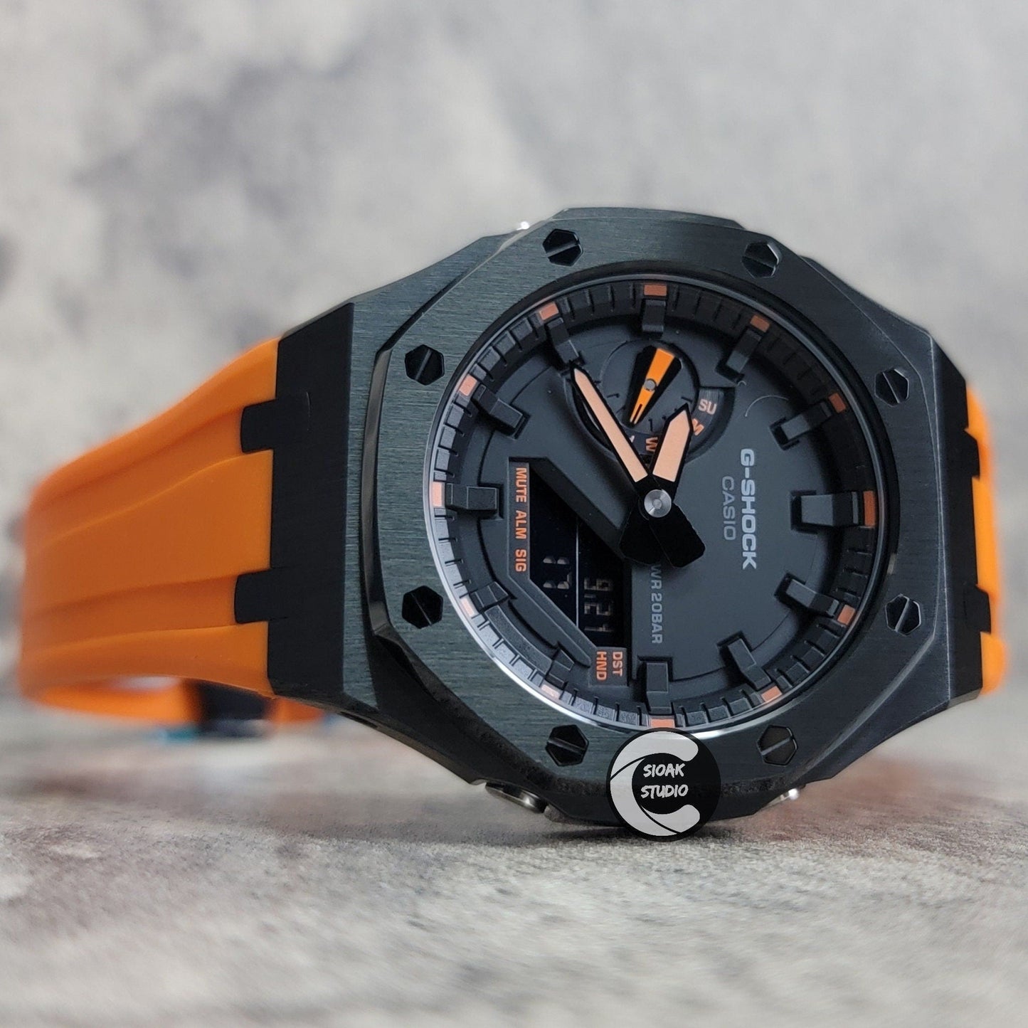 Casioak Mod Watch Black Case Orange Rubber Strap Black Orange Time Mark Black Dial 44mm- Casioak Mod Casio G-Shock Royal Oak Custom Mens Luxury Watches Ga2100