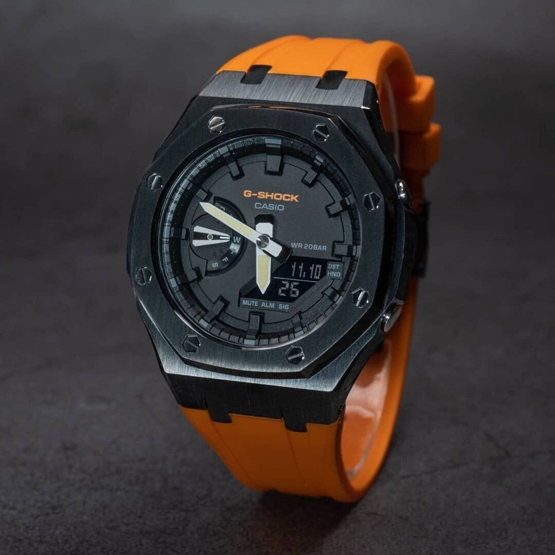 Casioak Mod Watch Black Case Orange Rubber Strap Black Time Mark Black Dial 44mm- Casioak Mod Casio G-Shock Royal Oak Custom Mens Luxury Watches Ga2100