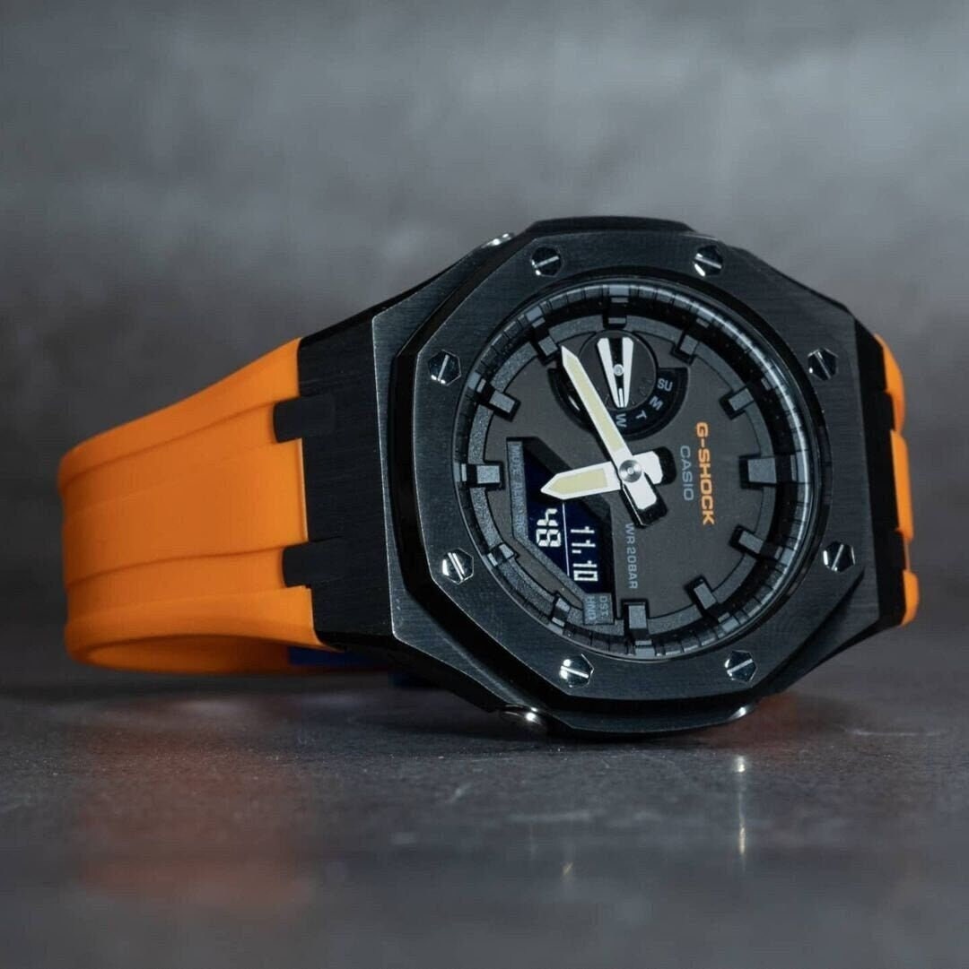 Casioak Mod Watch Black Case Orange Rubber Strap Black Time Mark Black Dial 44mm- Casioak Mod Casio G-Shock Royal Oak Custom Mens Luxury Watches Ga2100