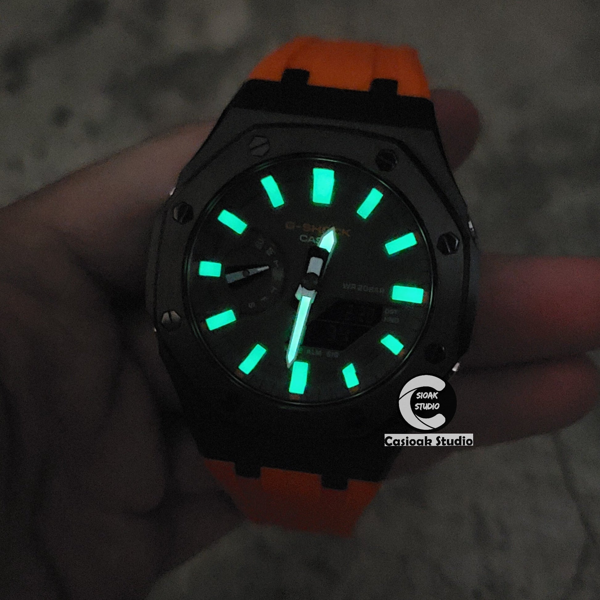 Casioak Mod Watch Black Case Orange Rubber Strap White Luminous Time Mark Olive Green Dial 44mm- Casioak Mod Casio G-Shock Royal Oak Custom Mens Luxury Watches Ga2100