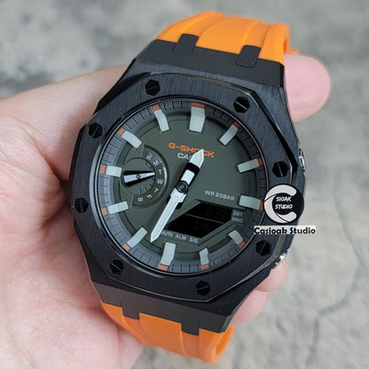 Casioak Mod Watch Black Case Orange Rubber Strap White Luminous Time Mark Olive Green Dial 44mm- Casioak Mod Casio G-Shock Royal Oak Custom Mens Luxury Watches Ga2100