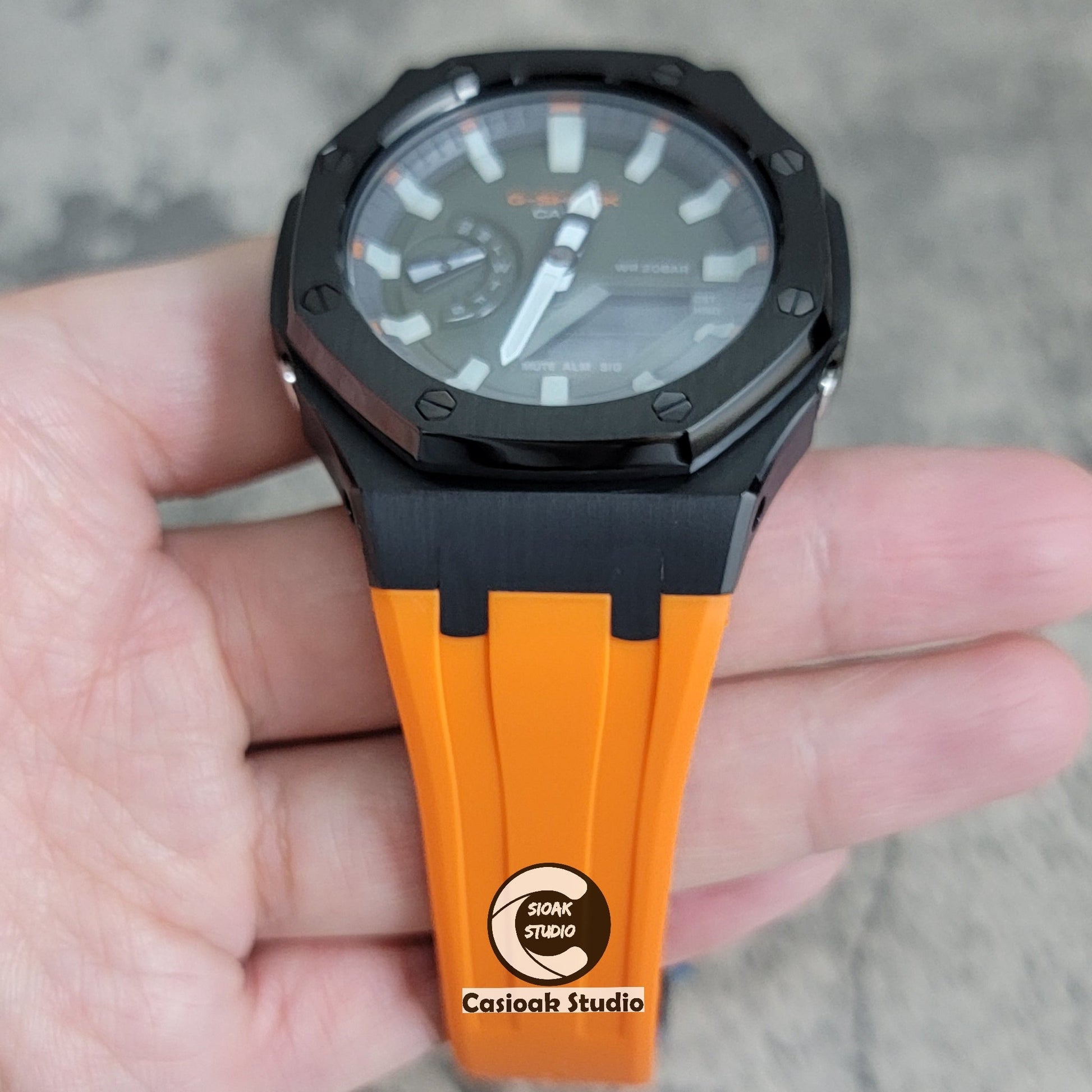 Casioak Mod Watch Black Case Orange Rubber Strap White Luminous Time Mark Olive Green Dial 44mm- Casioak Mod Casio G-Shock Royal Oak Custom Mens Luxury Watches Ga2100