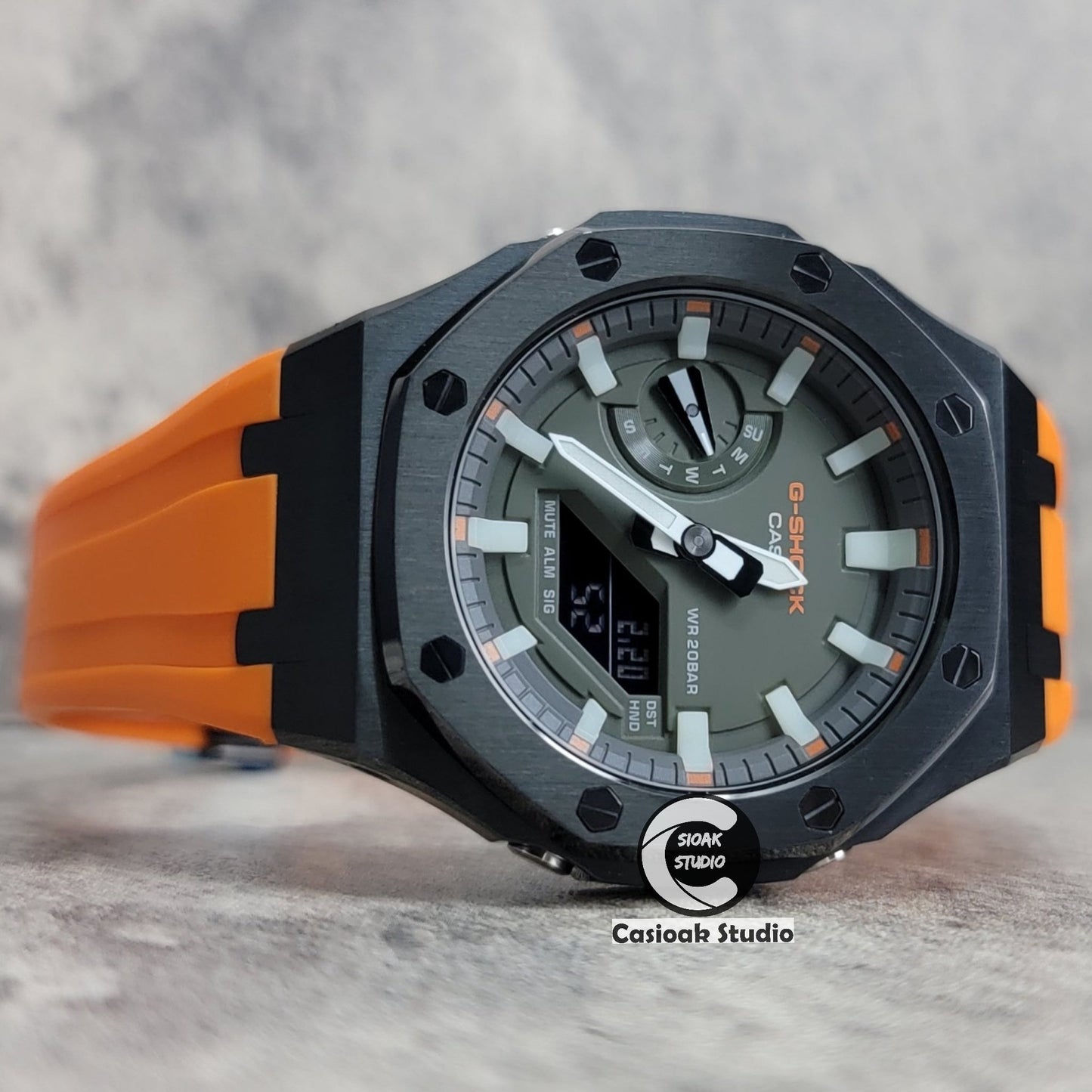 Casioak Mod Watch Black Case Orange Rubber Strap White Luminous Time Mark Olive Green Dial 44mm- Casioak Mod Casio G-Shock Royal Oak Custom Mens Luxury Watches Ga2100