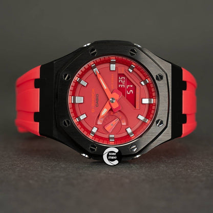 Casioak Mod Watch Black Case Red Rubber Strap Red Silver Time Mark Red Dial 44mm- Casioak Mod Casio G-Shock Royal Oak Custom Mens Luxury Watches Ga2100