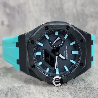 Casioak Mod Watch Black Case Tiff Rubber Strap Black Tiff Time Mark Black Dial 44mm- Casioak Mod Casio G-Shock Royal Oak Custom Mens Luxury Watches Ga2100