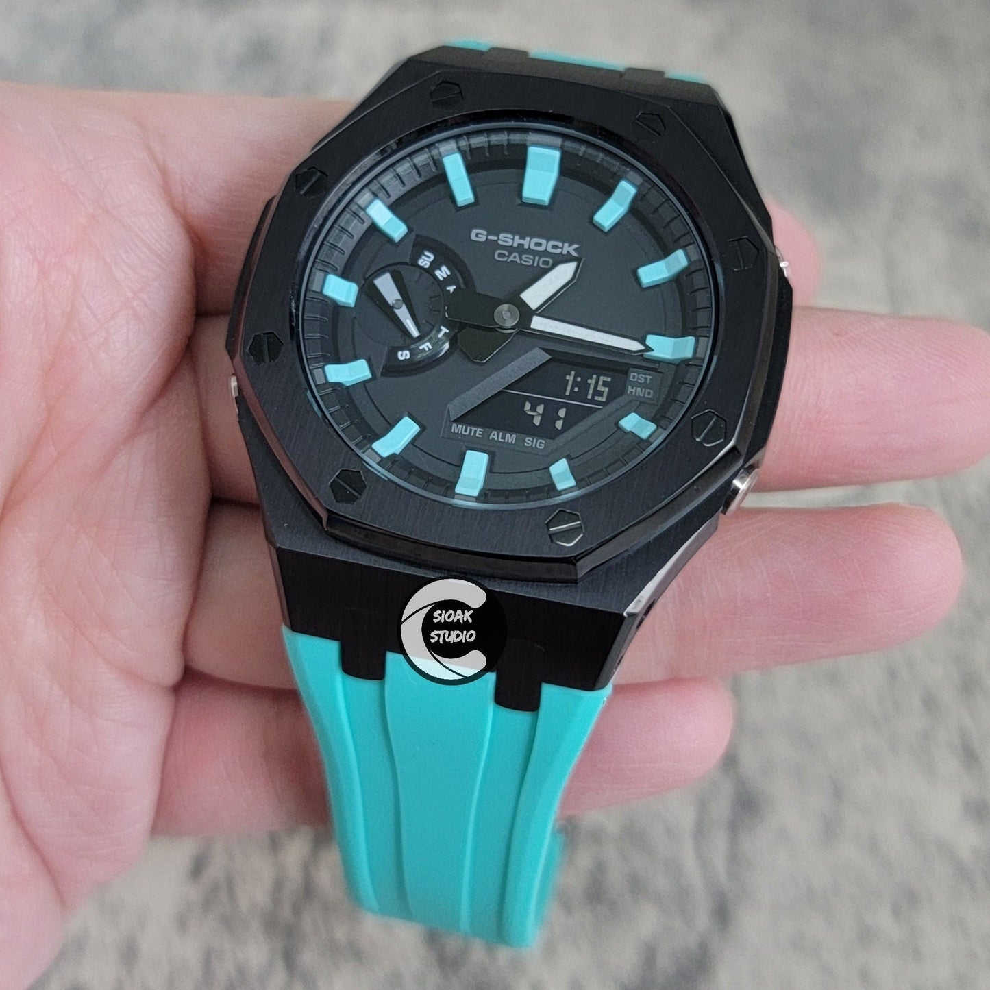 Casioak Mod Watch Black Case Tiff Rubber Strap Black Tiff Time Mark Black Dial 44mm- Casioak Mod Casio G-Shock Royal Oak Custom Mens Luxury Watches Ga2100