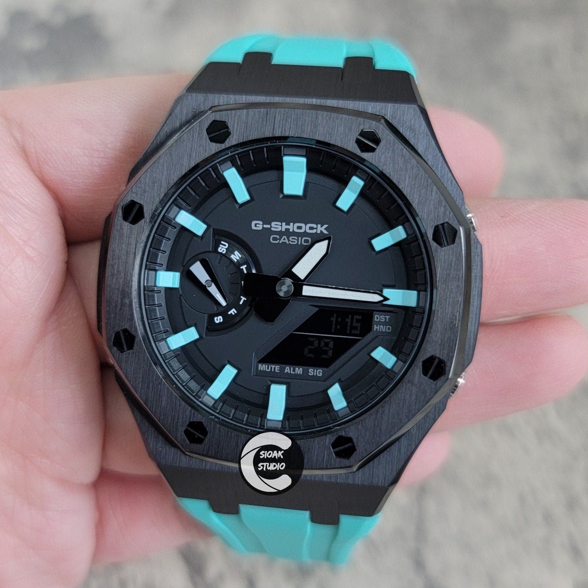 Casioak Mod Watch Black Case Tiff Rubber Strap Tiff Mark Black Dial 44mm- Casioak Mod Casio G-Shock Royal Oak Custom Mens Luxury Watches Ga2100