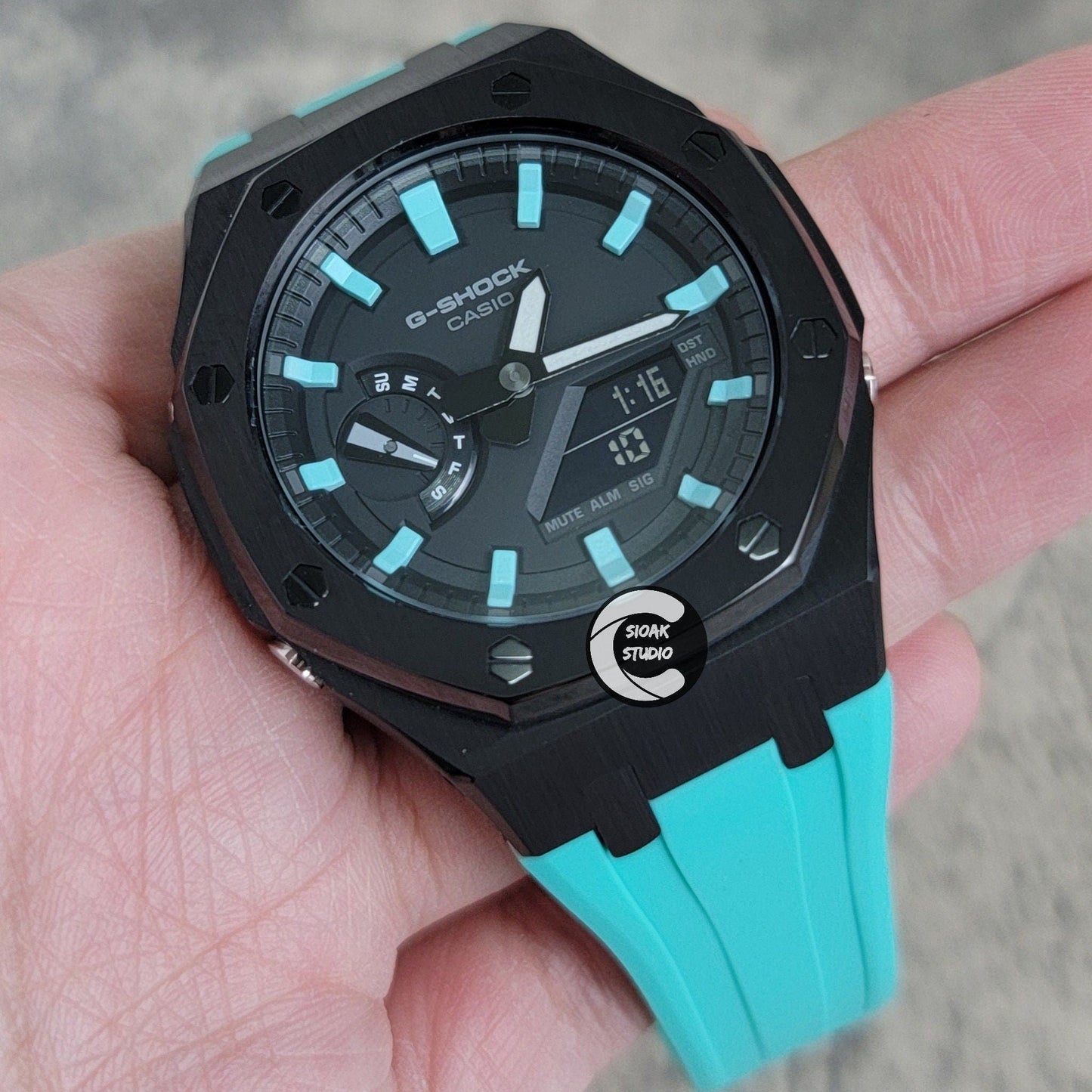 Casioak Mod Watch Black Case Tiff Rubber Strap Tiff Mark Black Dial 44mm- Casioak Mod Casio G-Shock Royal Oak Custom Mens Luxury Watches Ga2100