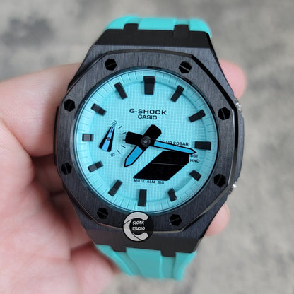 Casioak Mod Watch Black Case Tiff Rubber Strap Tiff Time Mark Tiff Blue Dial 44mm- Casioak Mod Casio G-Shock Royal Oak Custom Mens Luxury Watches Ga2100