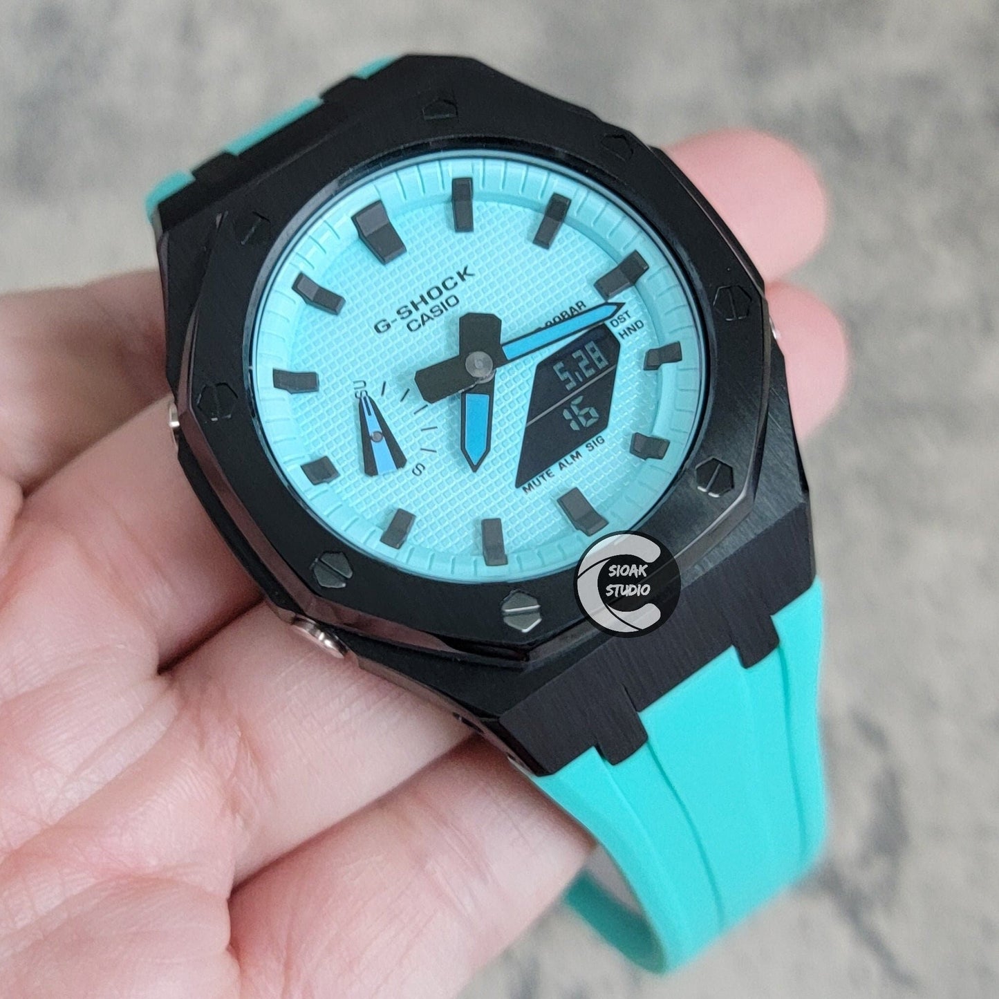 Casioak Mod Watch Black Case Tiff Rubber Strap Tiff Time Mark Tiff Blue Dial 44mm- Casioak Mod Casio G-Shock Royal Oak Custom Mens Luxury Watches Ga2100