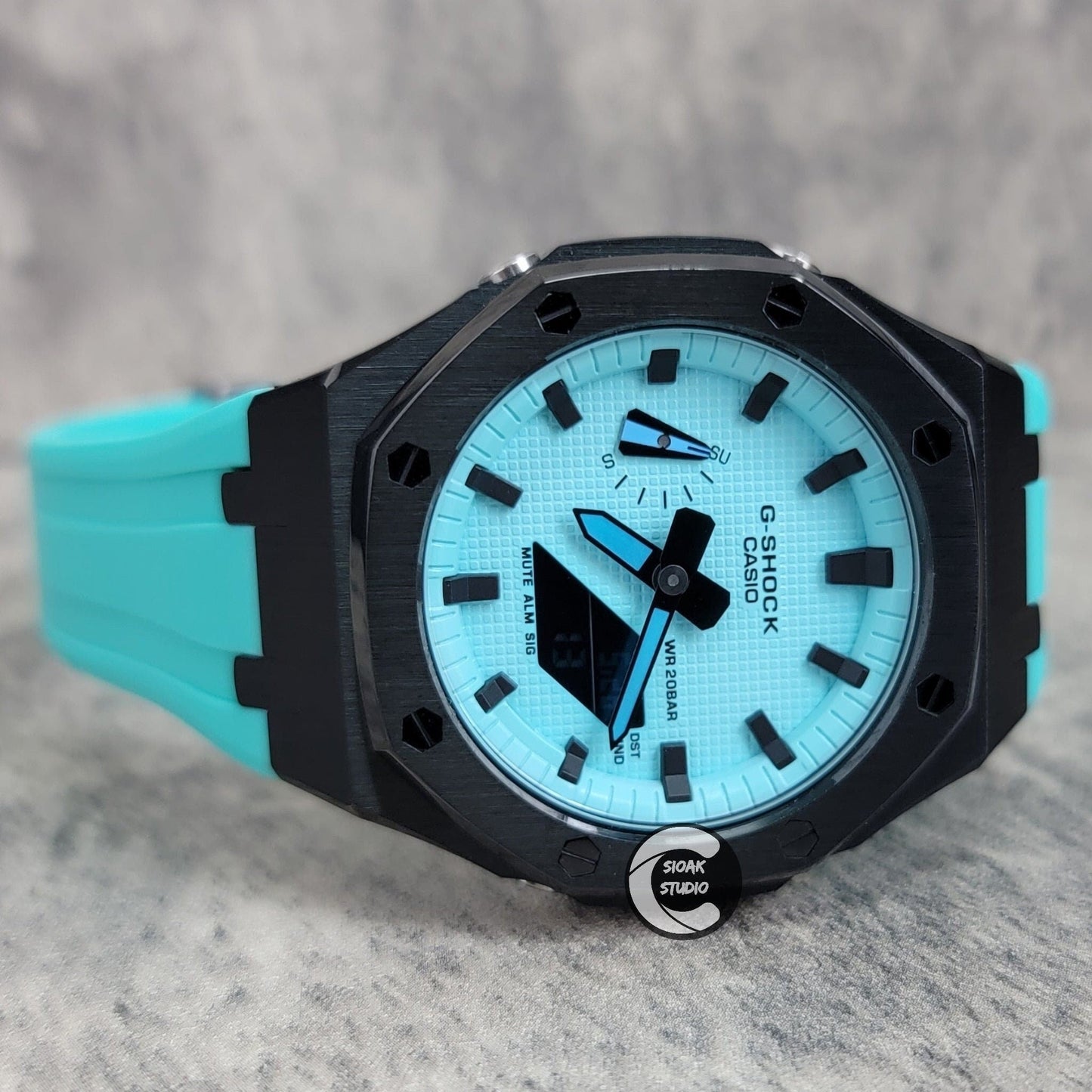 Casioak Mod Watch Black Case Tiff Rubber Strap Tiff Time Mark Tiff Blue Dial 44mm- Casioak Mod Casio G-Shock Royal Oak Custom Mens Luxury Watches Ga2100