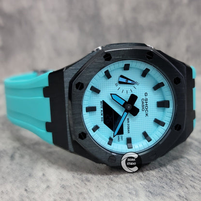 Casioak Mod Watch Black Case Tiff Rubber Strap Tiff Time Mark Tiff Blue Dial 44mm- Casioak Mod Casio G-Shock Royal Oak Custom Mens Luxury Watches Ga2100