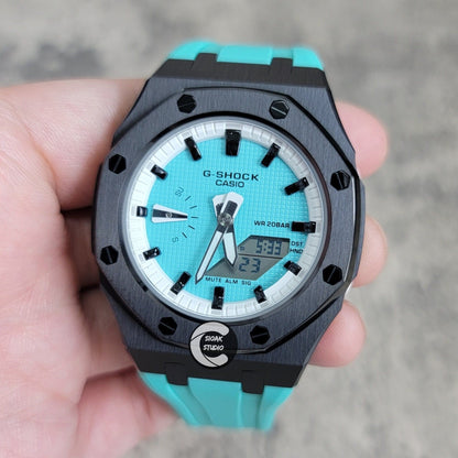 Casioak Mod Watch Black Case Tiff Rubber Strap White Black Time Mark Tiff Blue Dial 42mm- Casioak Mod Casio G-Shock Royal Oak Custom Mens Luxury Watches Ga2100