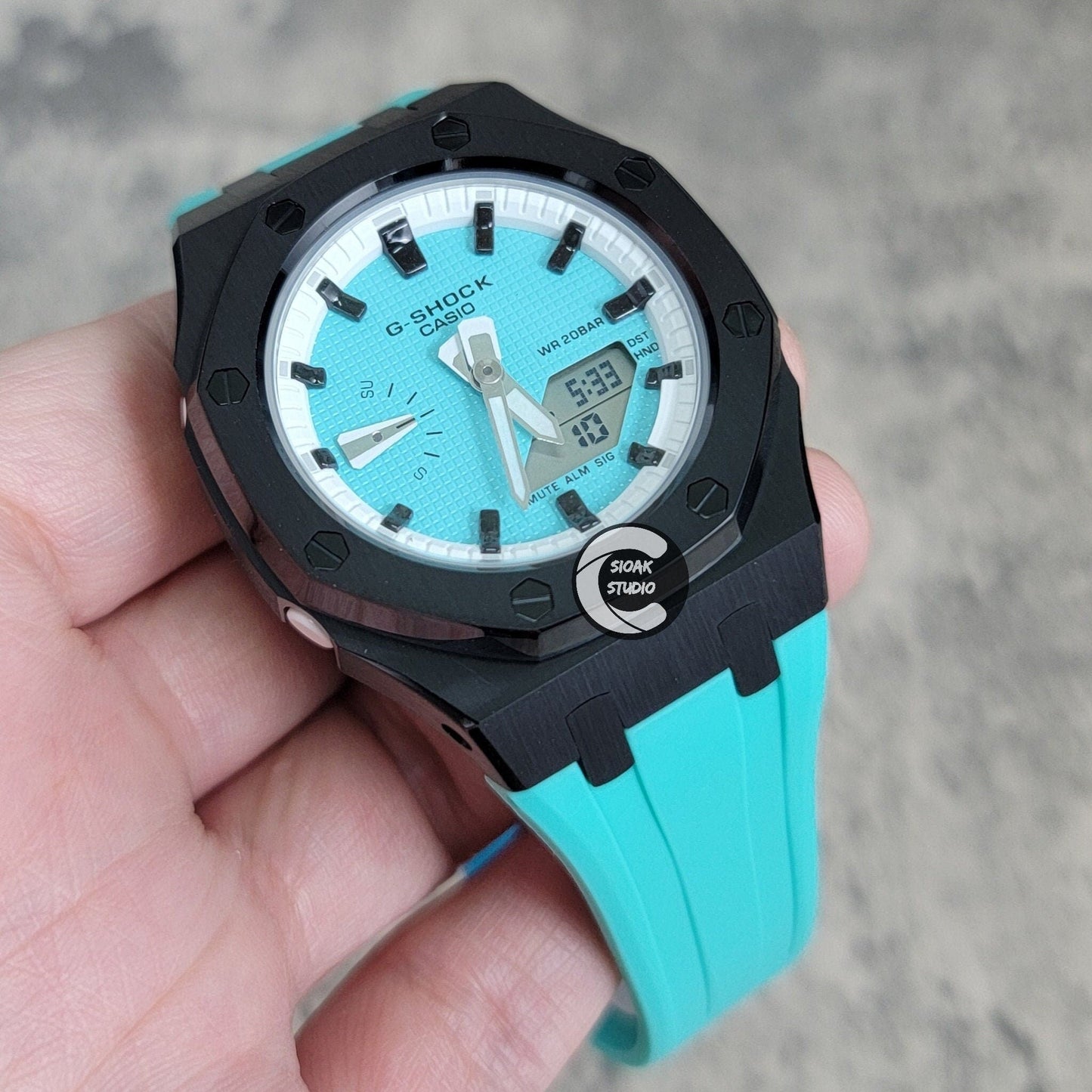 Casioak Mod Watch Black Case Tiff Rubber Strap White Black Time Mark Tiff Blue Dial 42mm- Casioak Mod Casio G-Shock Royal Oak Custom Mens Luxury Watches Ga2100