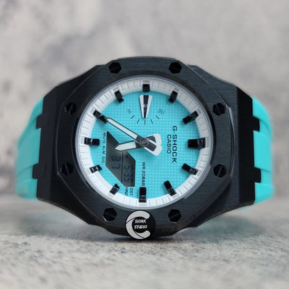 Casioak Mod Watch Black Case Tiff Rubber Strap White Black Time Mark Tiff Blue Dial 42mm- Casioak Mod Casio G-Shock Royal Oak Custom Mens Luxury Watches Ga2100