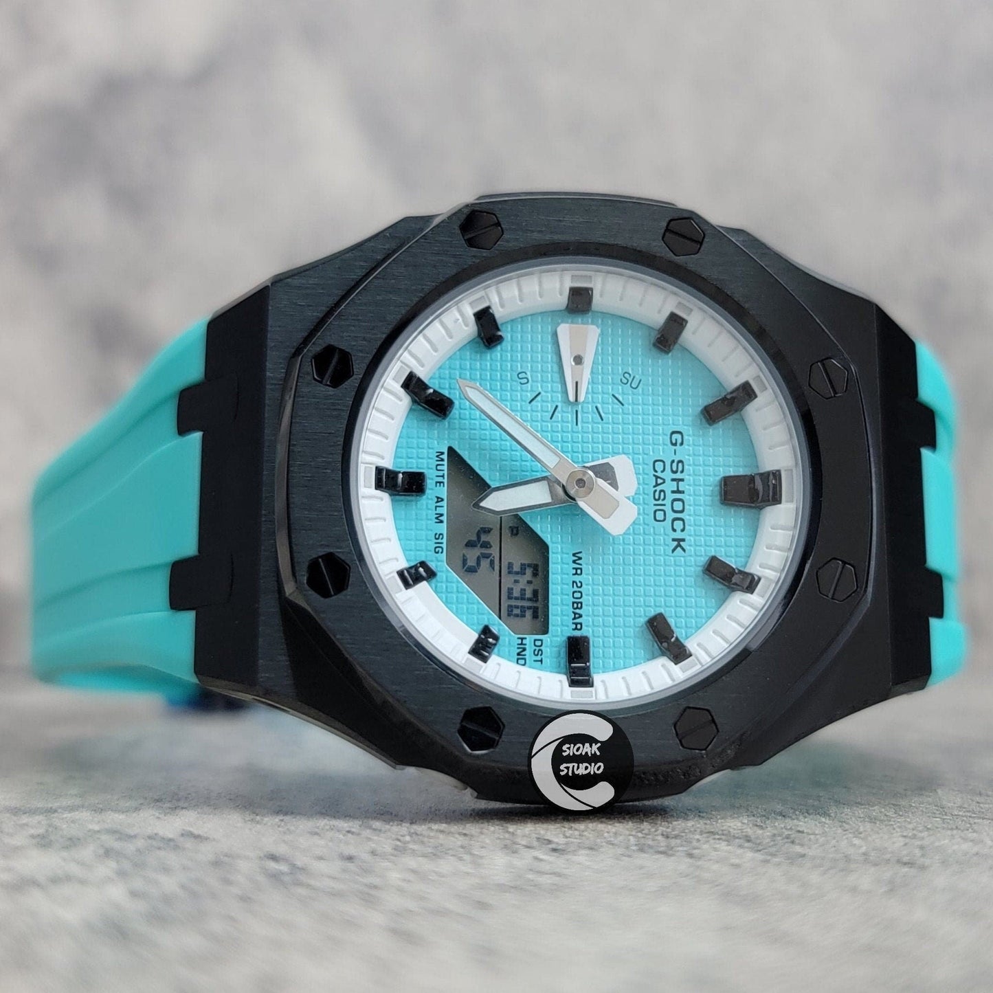 Casioak Mod Watch Black Case Tiff Rubber Strap White Black Time Mark Tiff Blue Dial 42mm- Casioak Mod Casio G-Shock Royal Oak Custom Mens Luxury Watches Ga2100