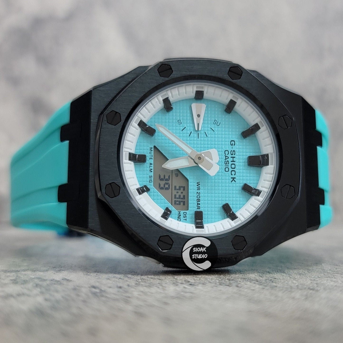 Casioak Mod Watch Black Case Tiff Rubber Strap White Black Time Mark Tiff Blue Dial 42mm- Casioak Mod Casio G-Shock Royal Oak Custom Mens Luxury Watches Ga2100