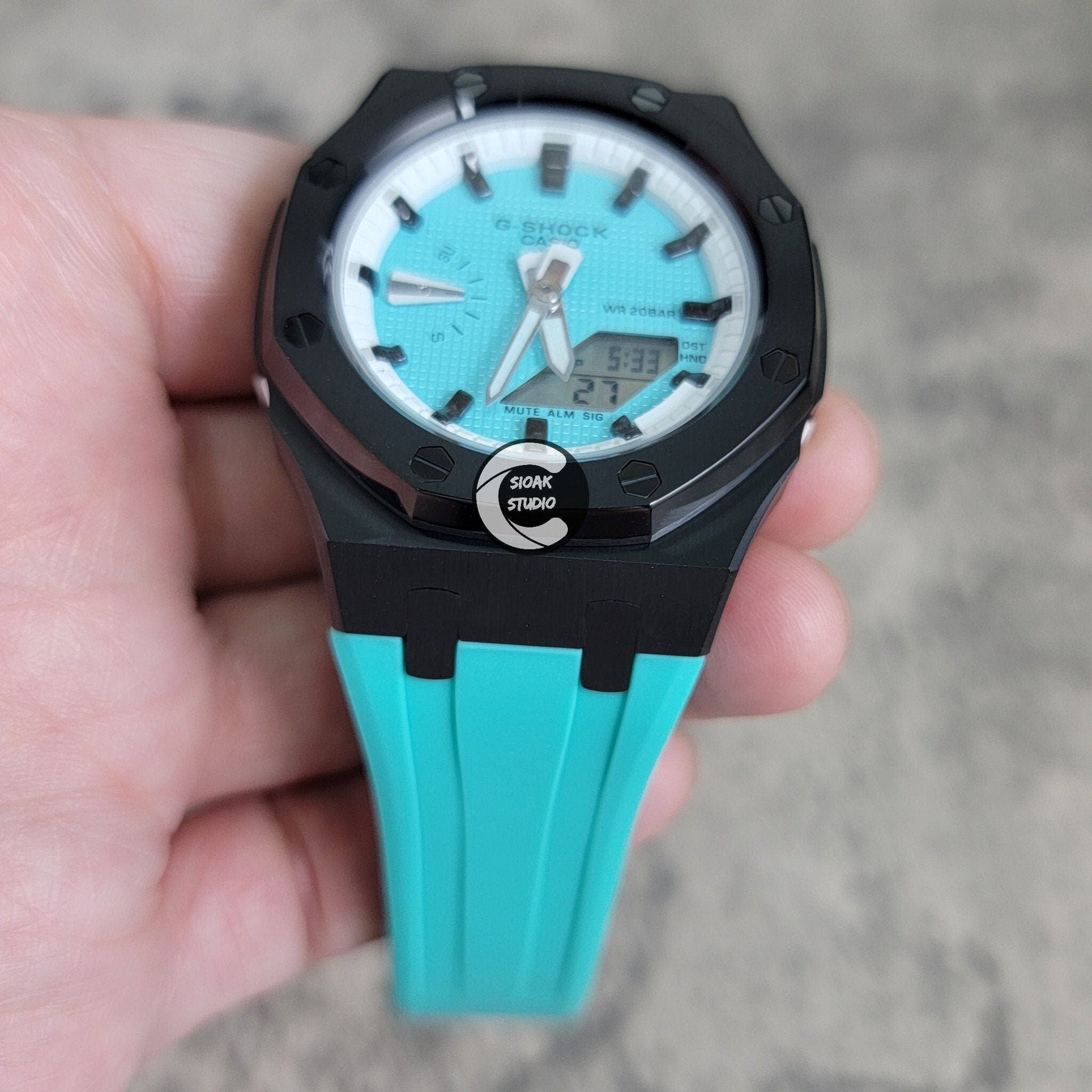 Casioak Mod Watch Black Case Tiff Rubber Strap White Black Time Mark Tiff Blue Dial 42mm- Casioak Mod Casio G-Shock Royal Oak Custom Mens Luxury Watches Ga2100