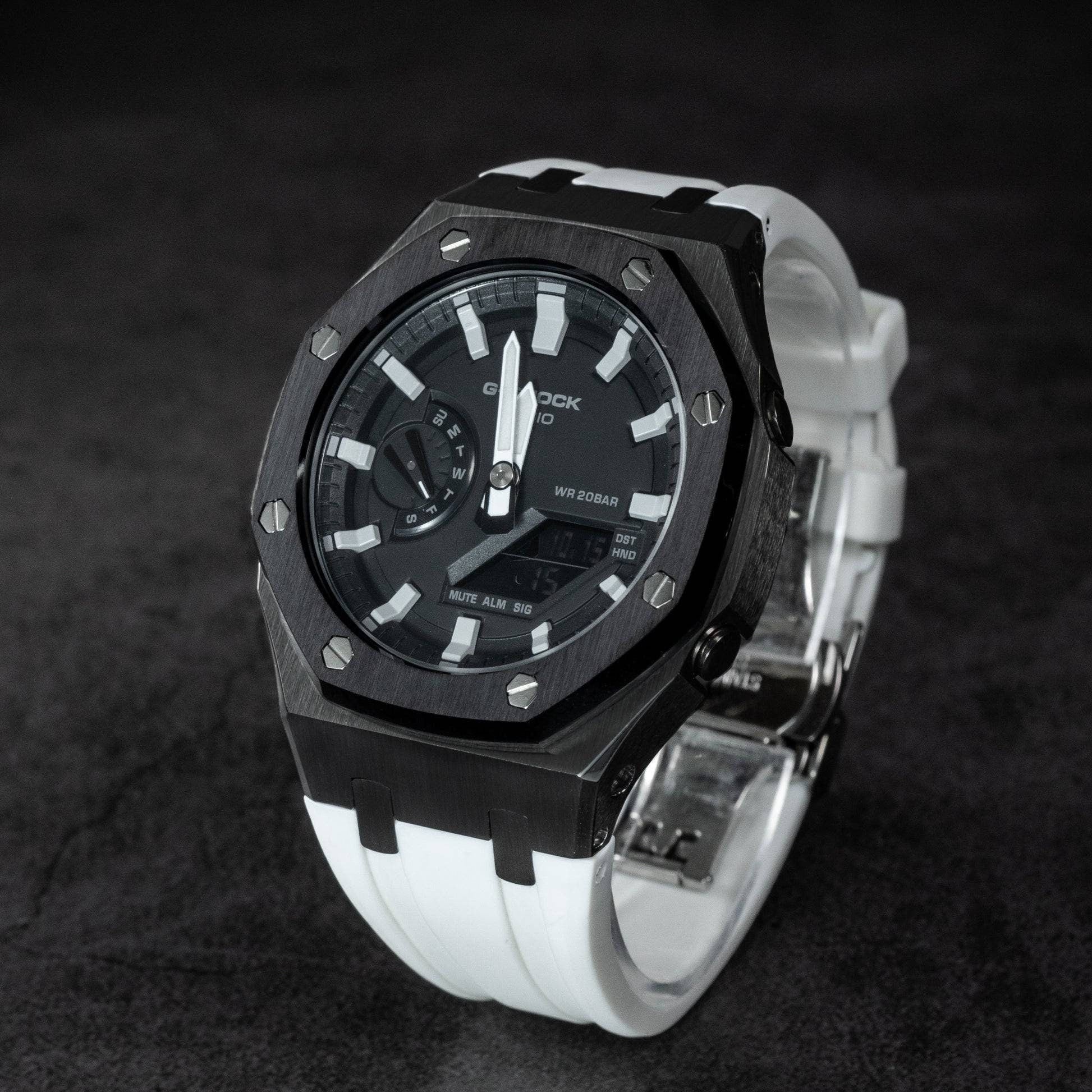 Casioak Mod Watch Black Case White Rubber Strap Black Light Gray Time Mark Black Dial 44mm- Casioak Mod Casio G-Shock Royal Oak Custom Mens Luxury Watches Ga2100